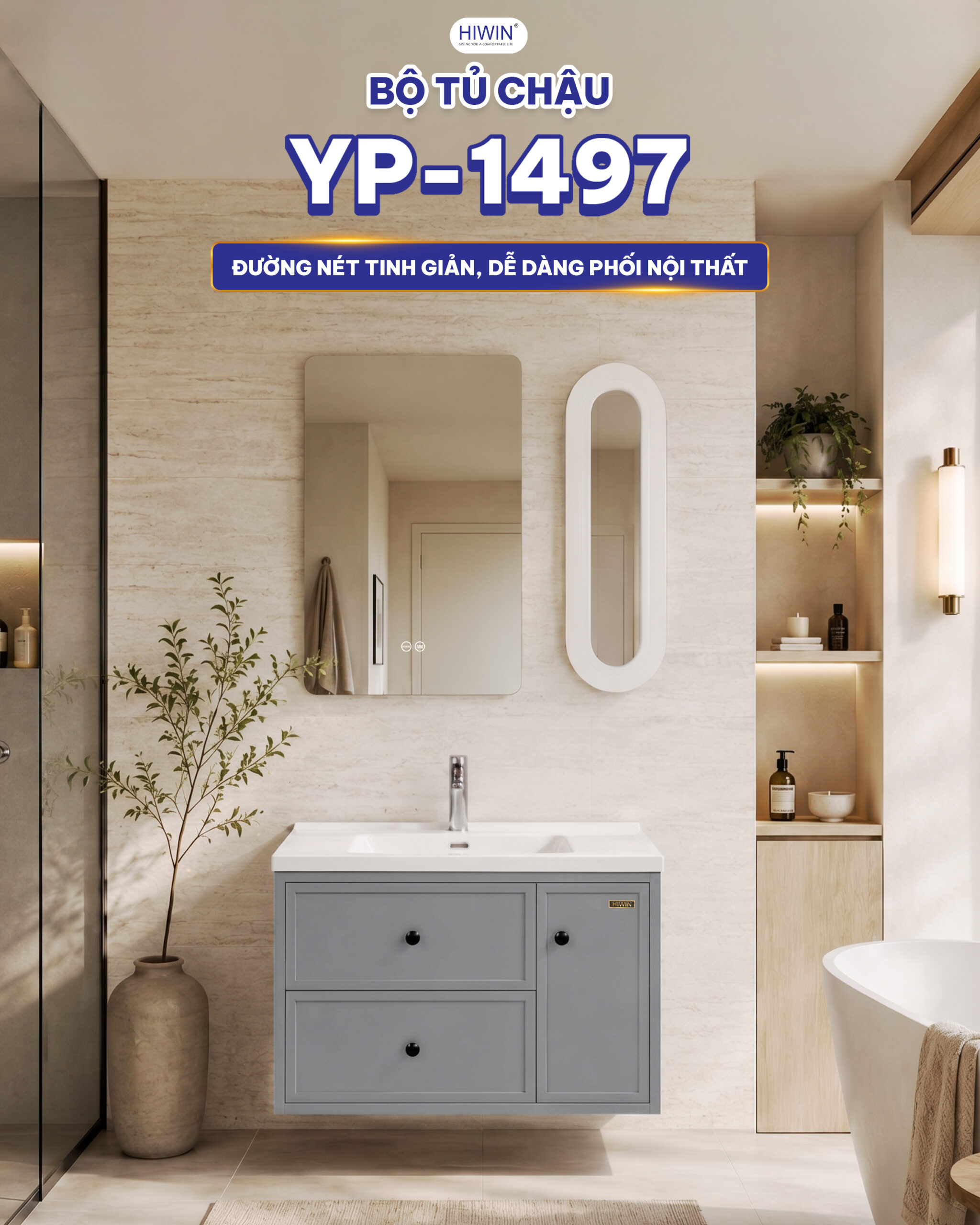 Bộ tủ chậu Hiwin YP-1497 màu xám nhạt thiết kế gọn gàng