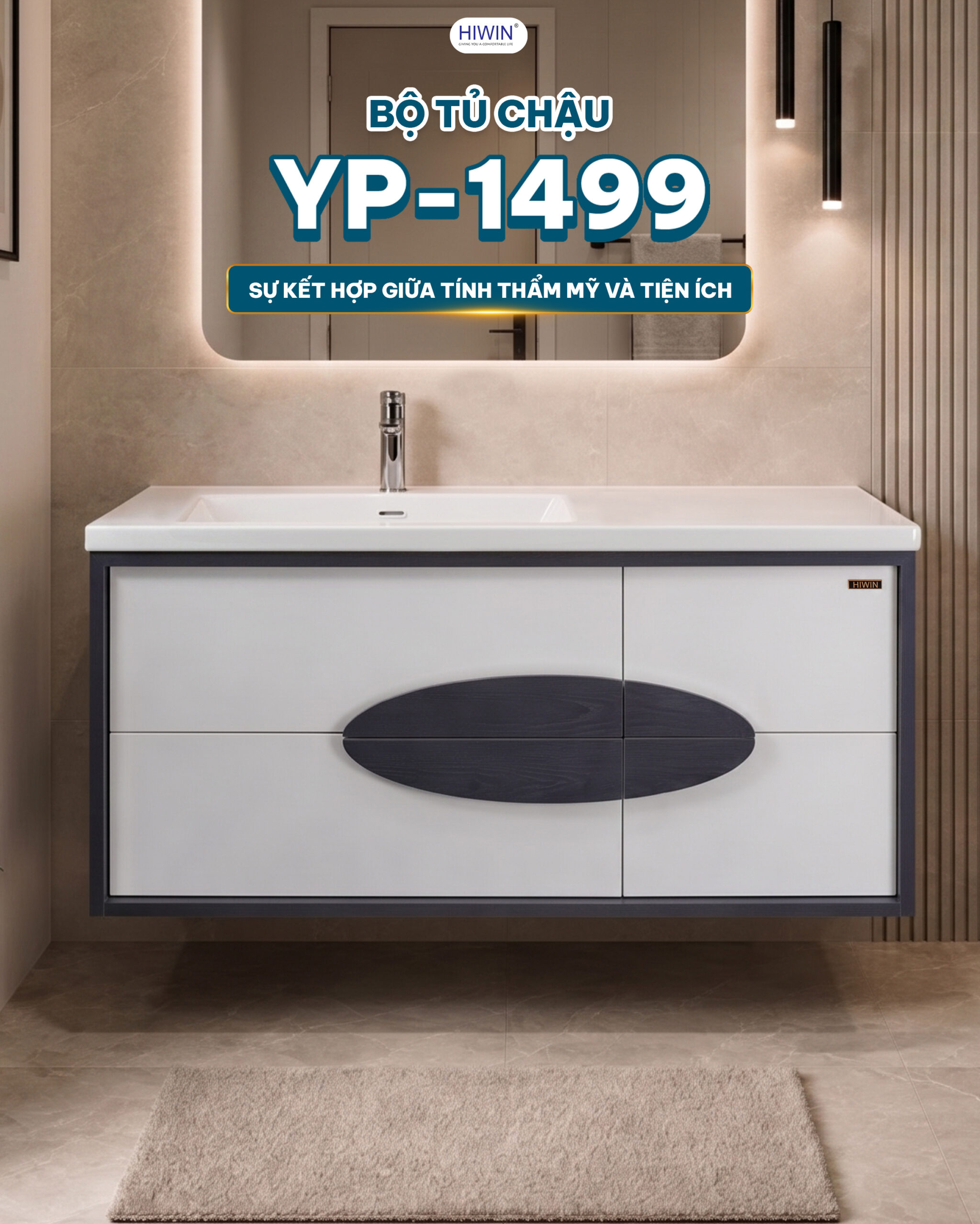 Bộ tủ chậu Hiwin YP-1499 màu xanh phối trắng thiết kế hiện đại tiện ích