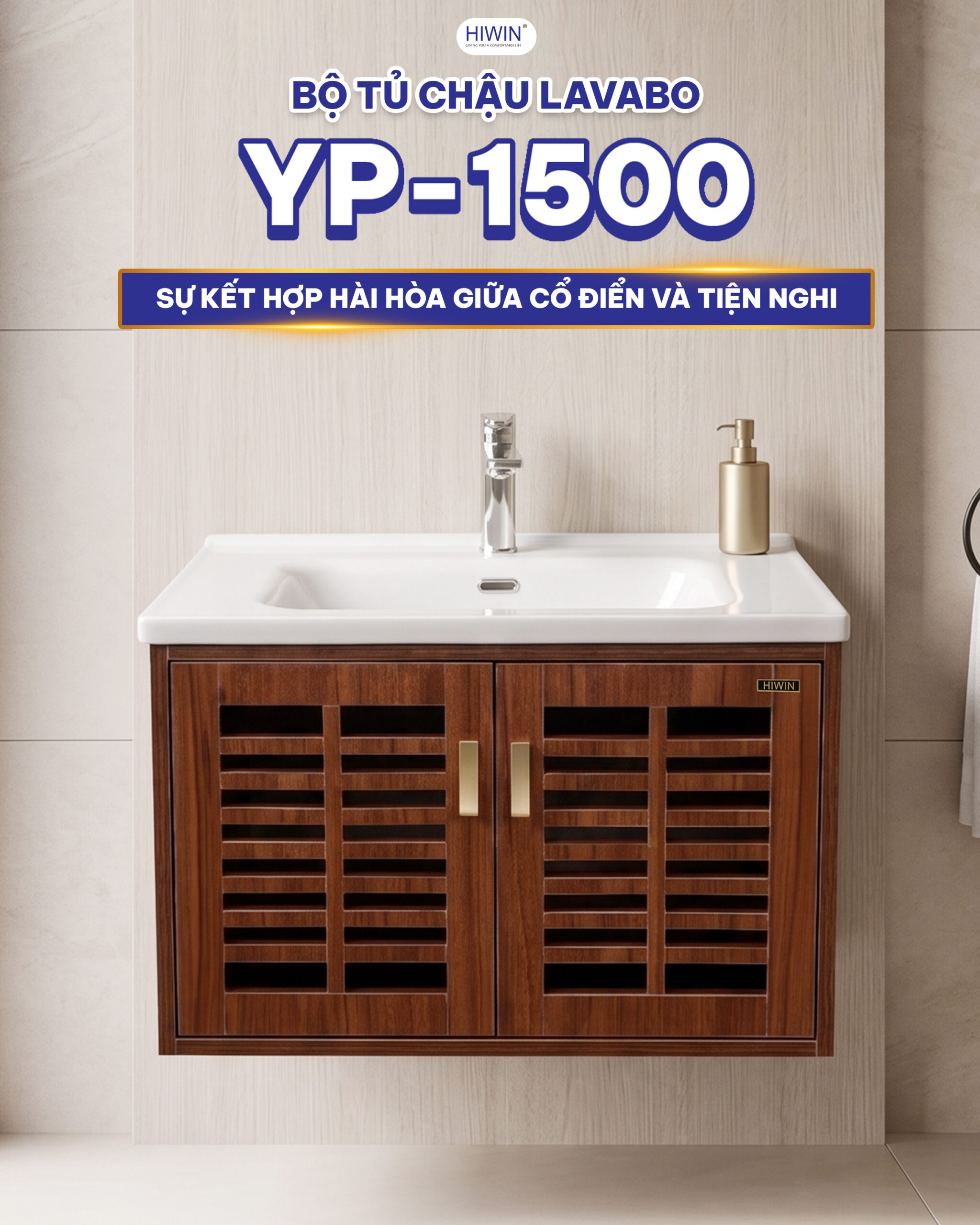 Bộ tủ chậu YP-1500 thiết kế vân gỗ sang trọng phù hợp phòng tắm hiện đại