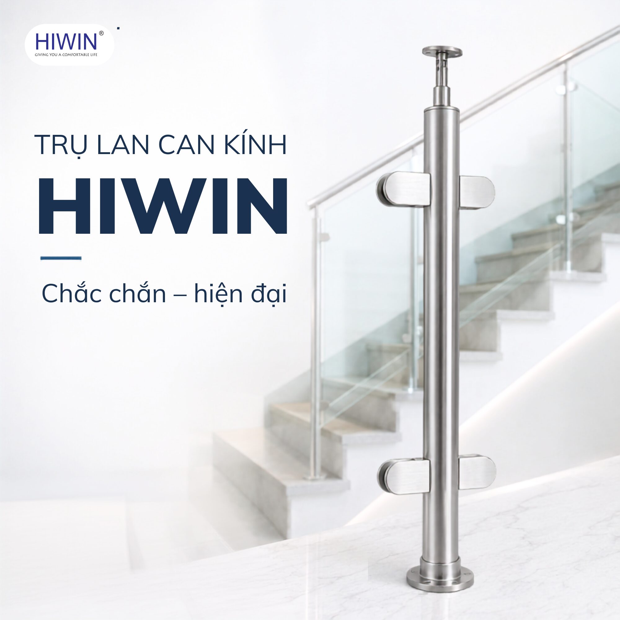 Trụ lan can kính Hiwin lắp đặt trong công trình hiện đại