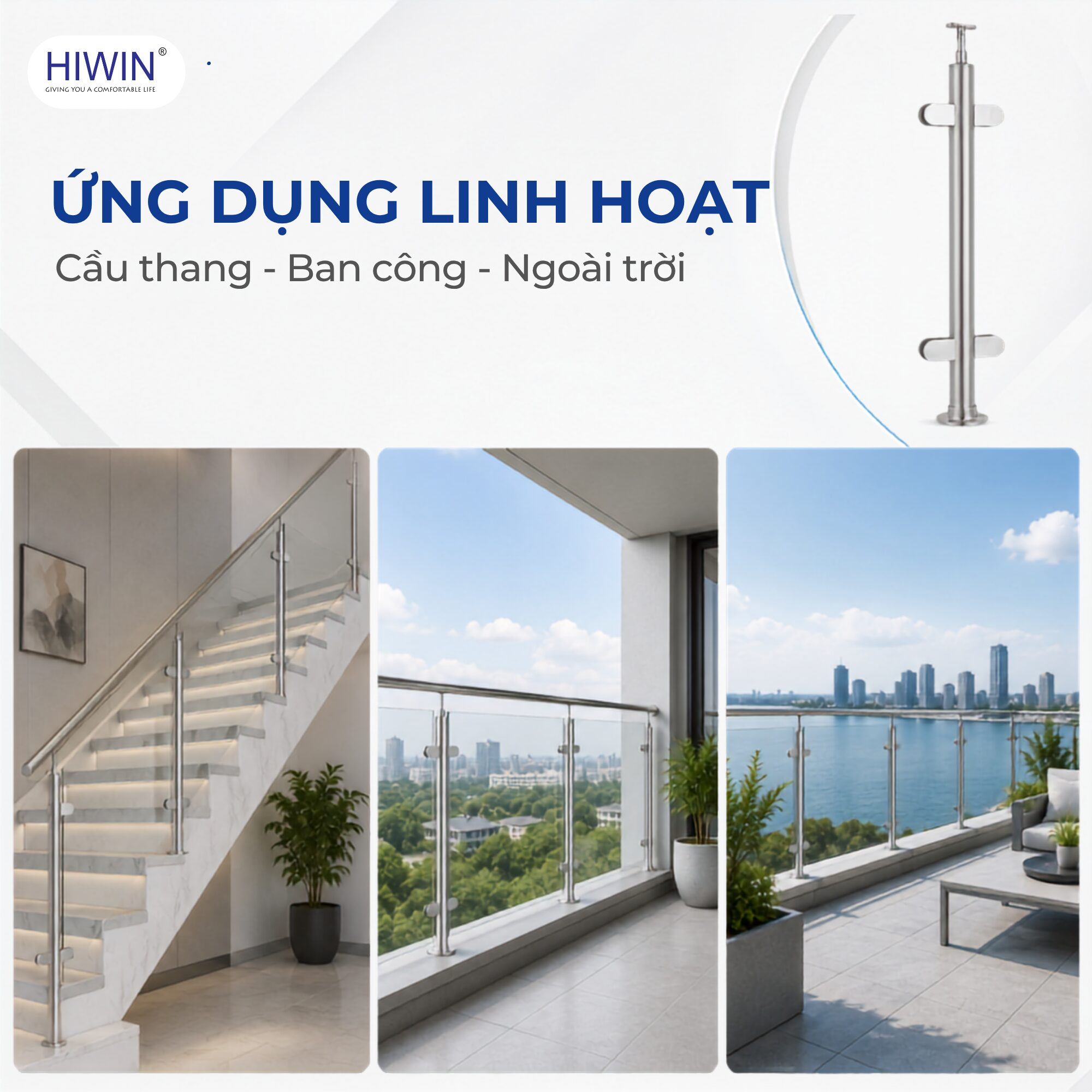 Trụ lan can kính lắp đặt cho cầu thang ban công ngoài trời