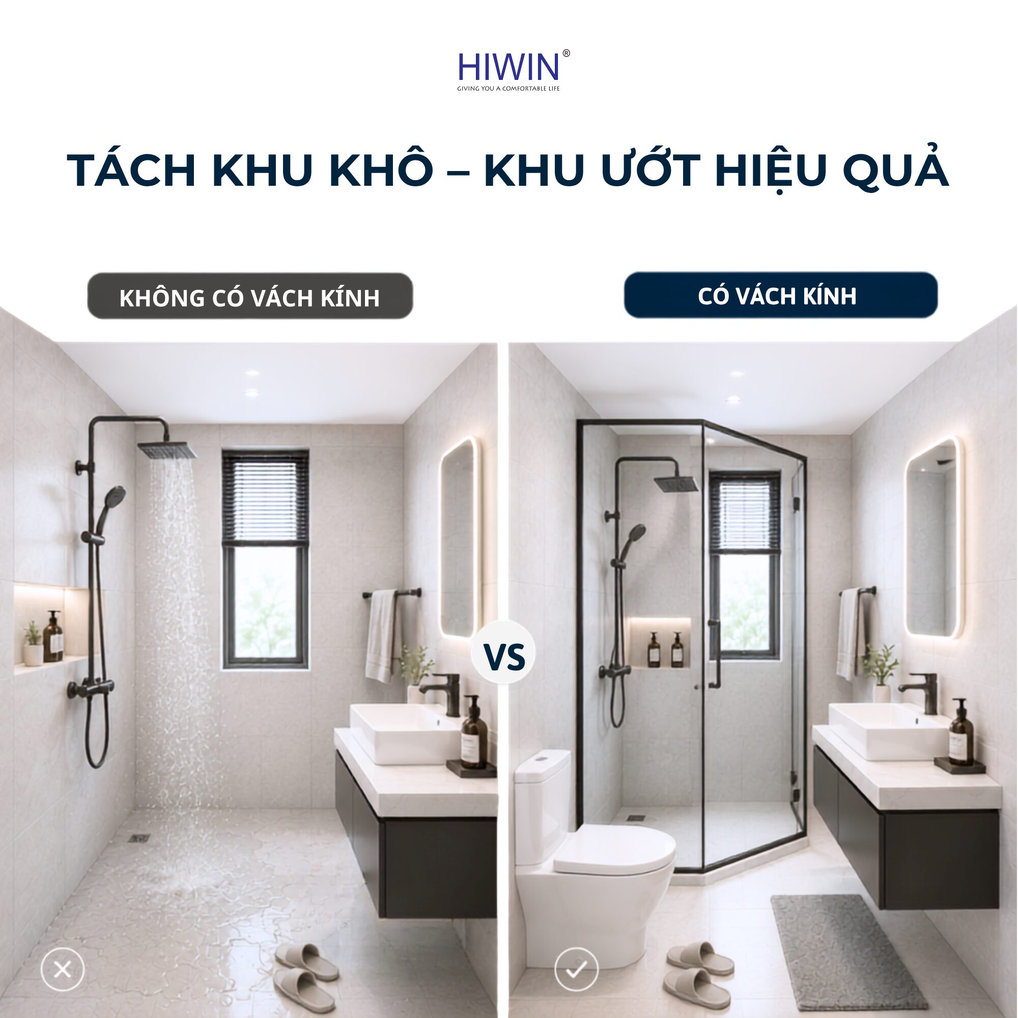 Vách tắm kính giúp nhà tắm nhỏ sạch sẽ, khô ráo và tạo cảm giác rộng thoáng hơn.