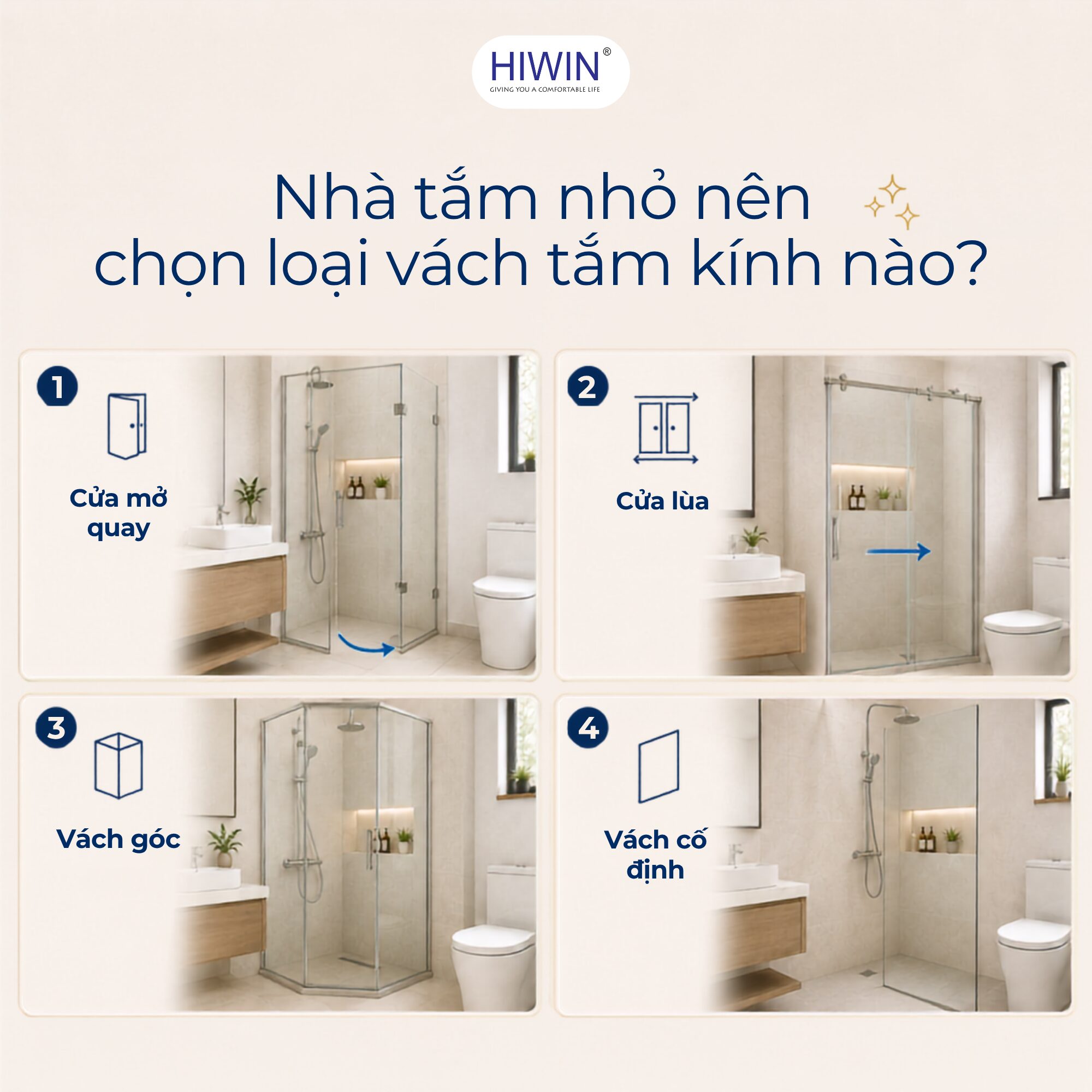Các kiểu vách tắm kính phù hợp cho nhà tắm nhỏ như cửa lùa, cửa mở quay và vách góc