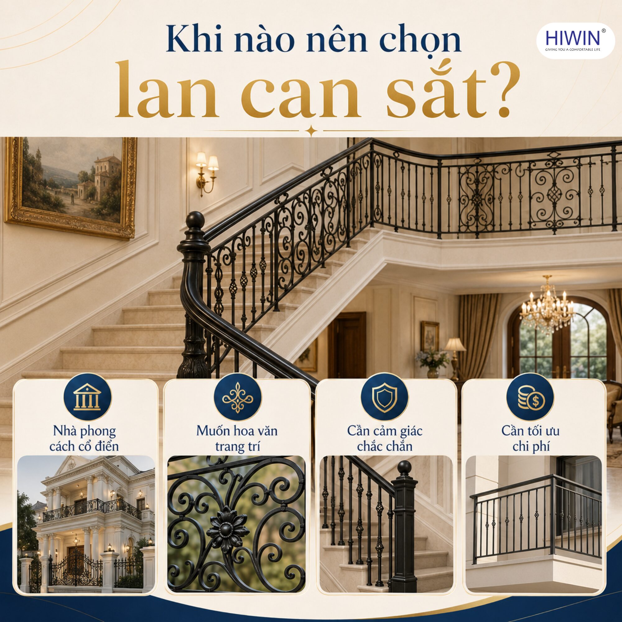 Lan can sắt phù hợp với công trình phong cách cổ điển và cần sự chắc chắn