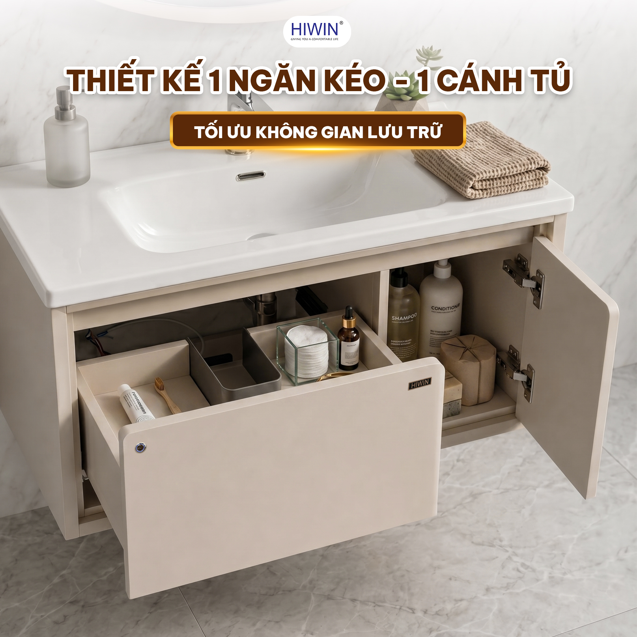 Tủ chính YS-2652 chia 1 ngăn kéo lớn và 1 cánh mở để phân loại đồ dùng
