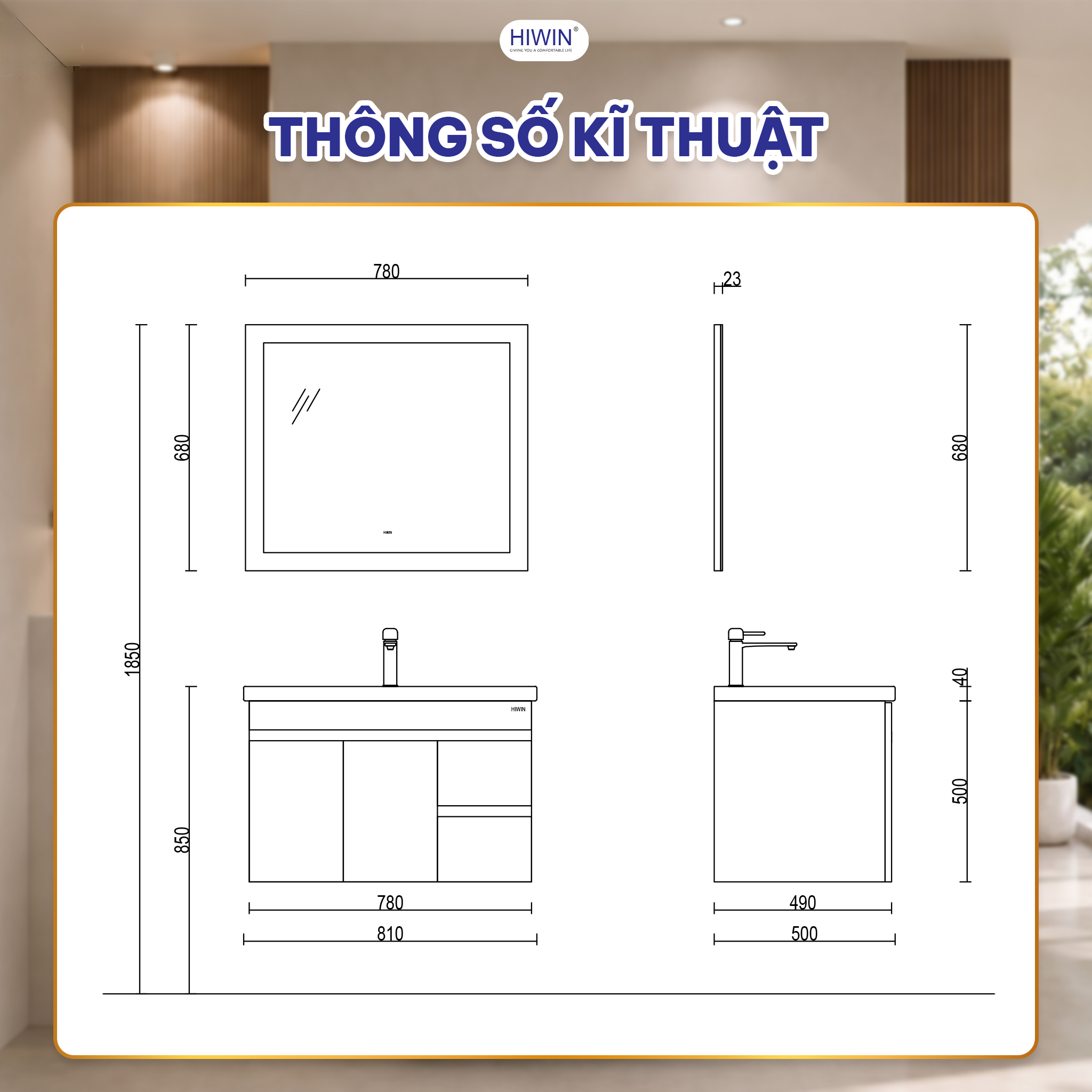 Thông số kích thước bộ tủ chậu Hiwin YP-1493