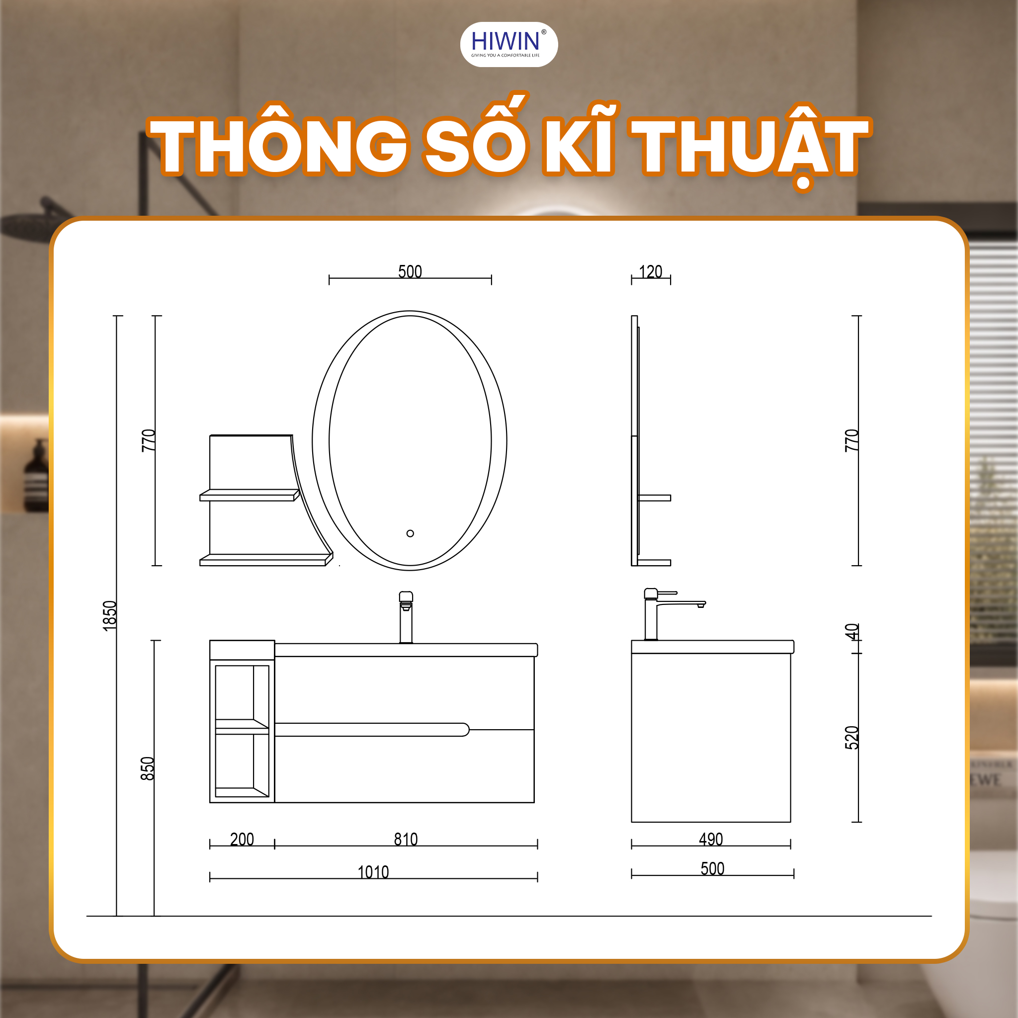 Thông số kỹ thuật bộ tủ chậu Hiwin YP-1494 gồm tủ chính gương oval và lavabo sứ