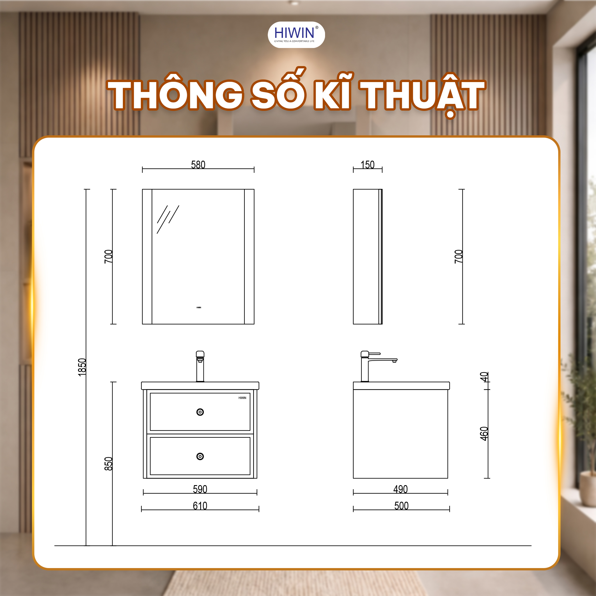 Thông số kỹ thuật bộ tủ chậu Hiwin YP-1495