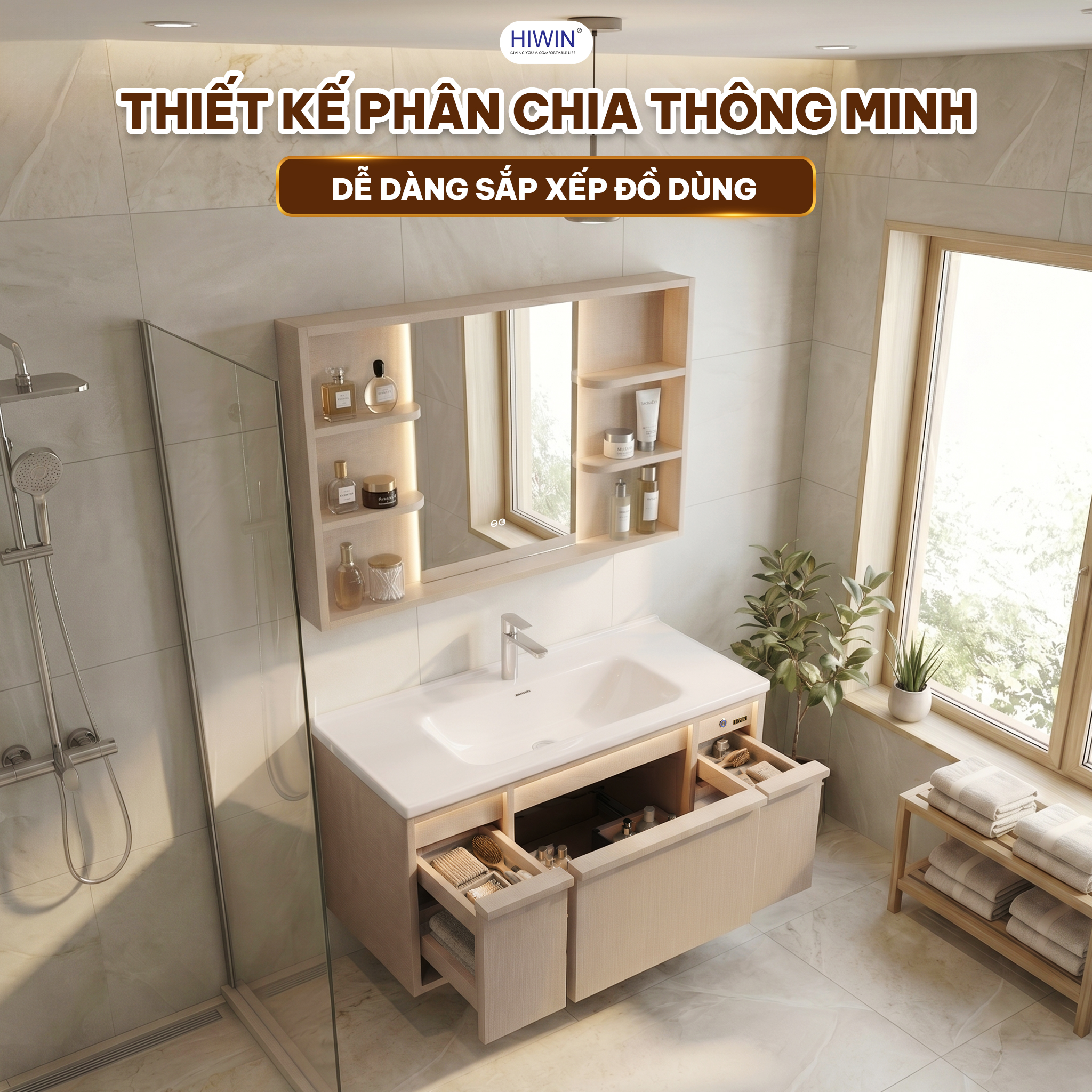Thiết kế ngăn tủ lưu trữ đồ dùng phòng tắm gọn gàng