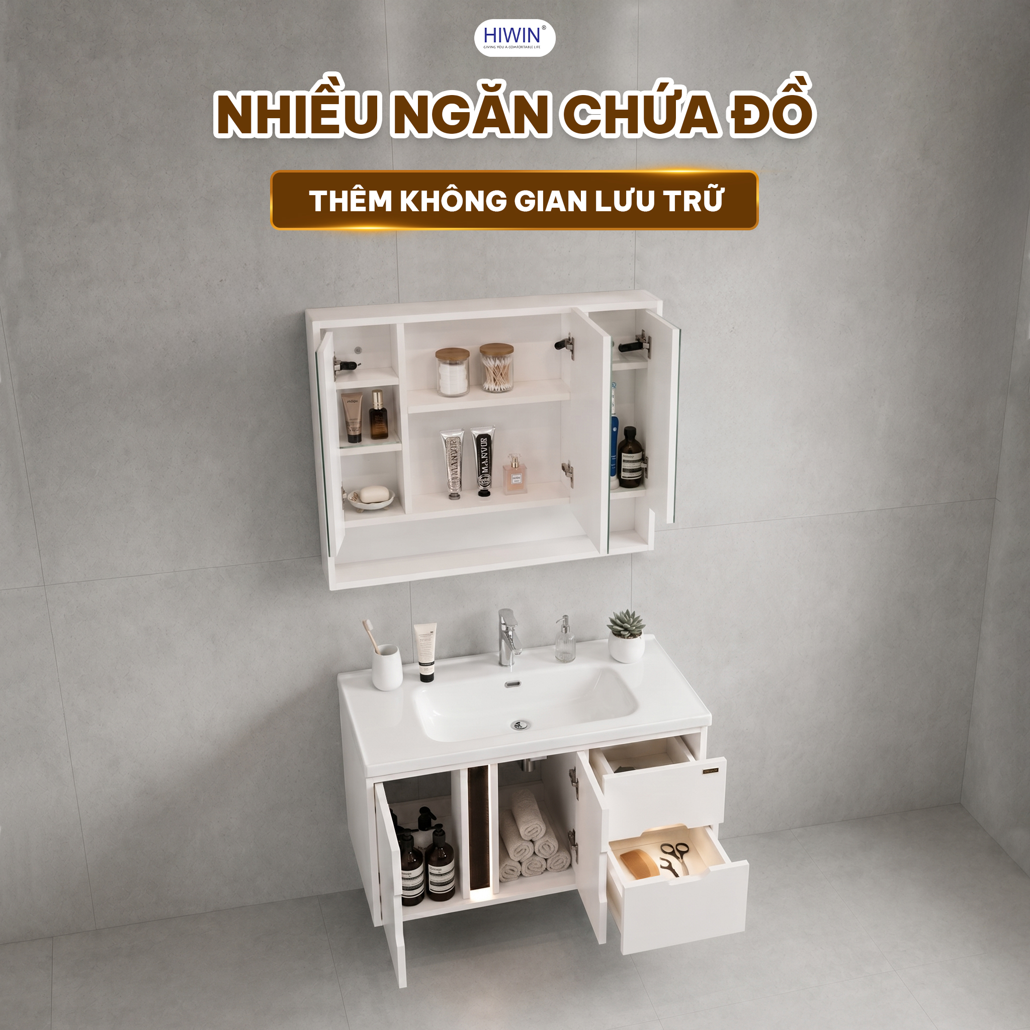 Các khoang tủ và ngăn kéo của YS-2649 hỗ trợ cất đồ phòng tắm ngăn nắp
