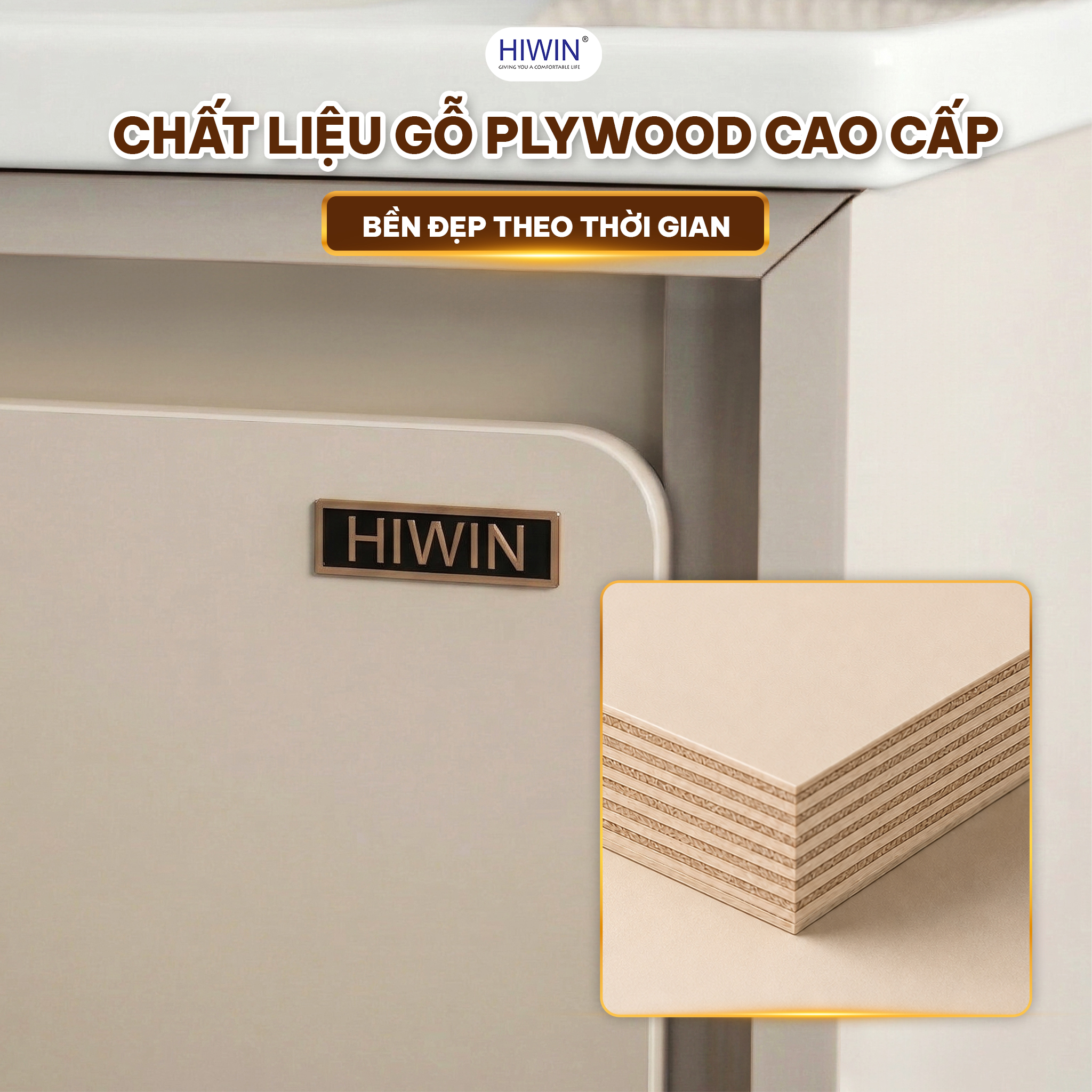 Tủ chậu Hiwin YS-2652 sử dụng gỗ plywood chắc chắn, phù hợp khu vực lavabo phòng tắm