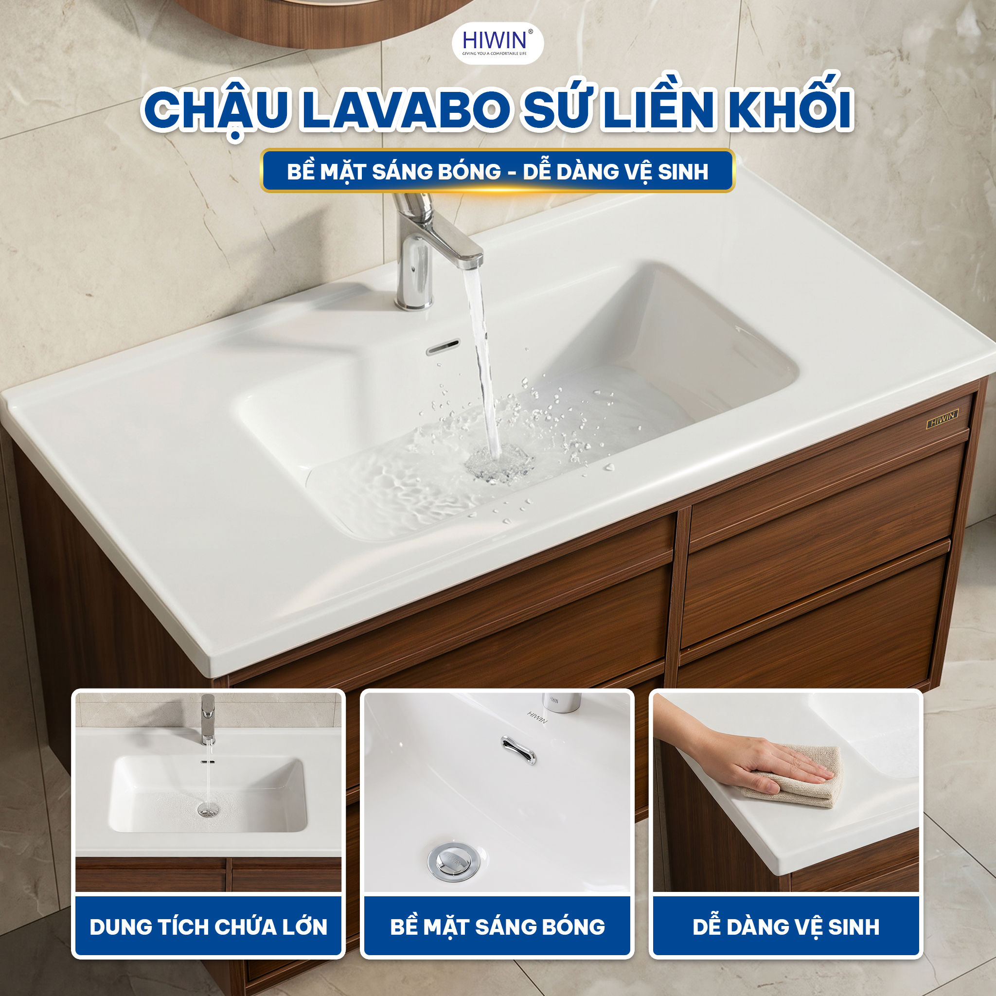 Chậu lavabo sứ liền khối YS-2645 chất liệu sứ trắng đồng bộ với tủ vân gỗ