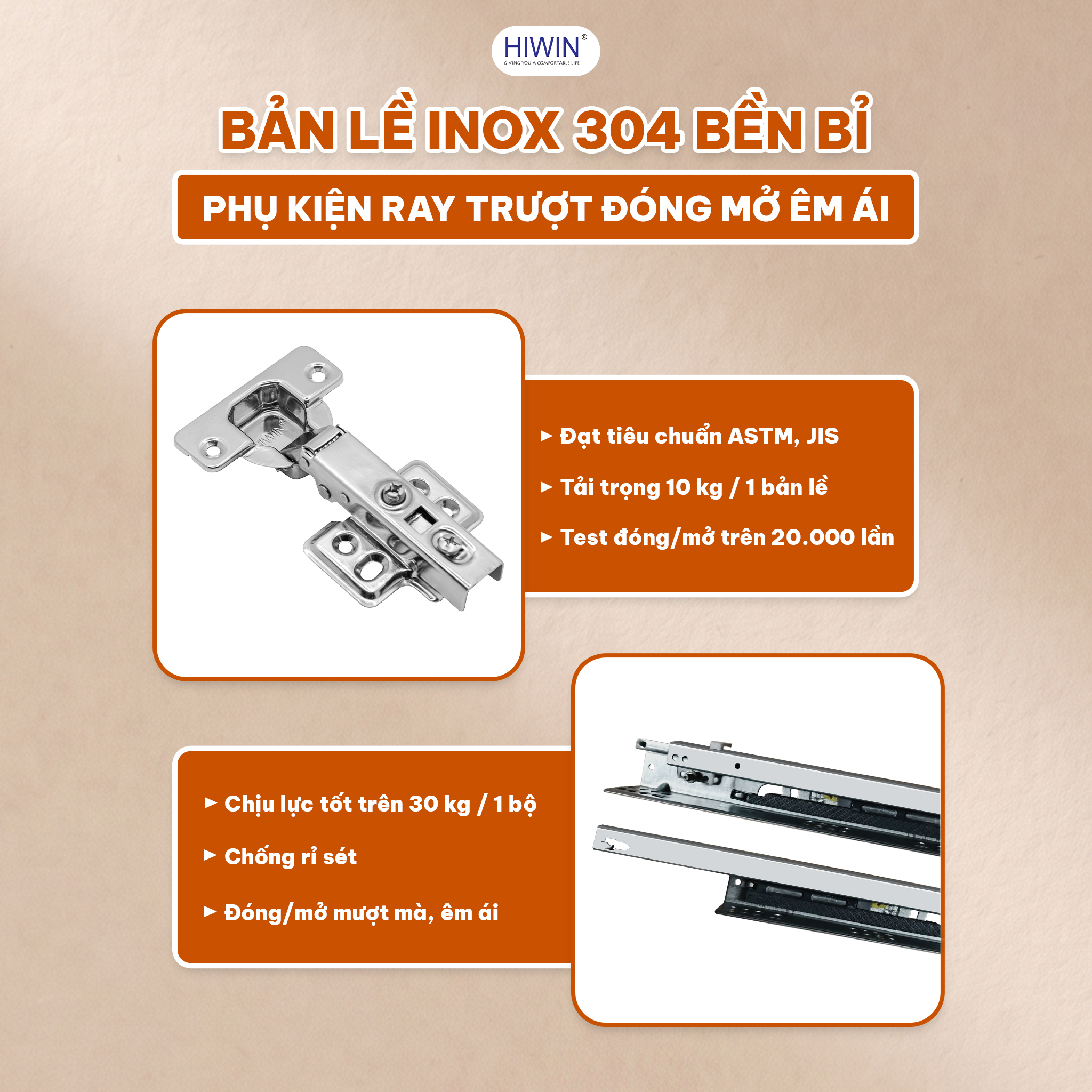 Bản lề inox 304 tủ chậu Hiwin YS-2648 hỗ trợ cánh tủ đóng mở ổn định