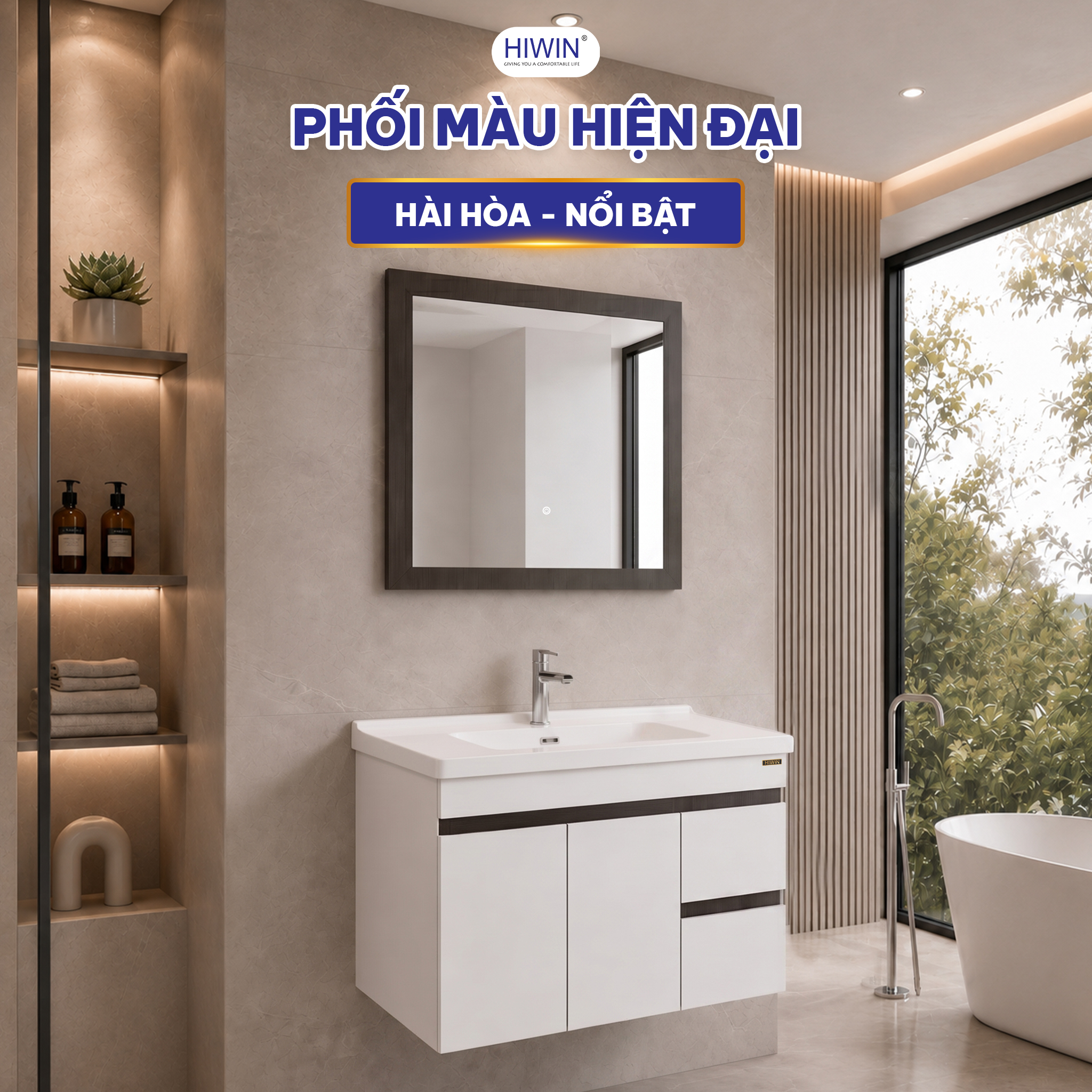 Bộ tủ chậu Hiwin YP-1493 màu trắng phối vân gỗ xám đen