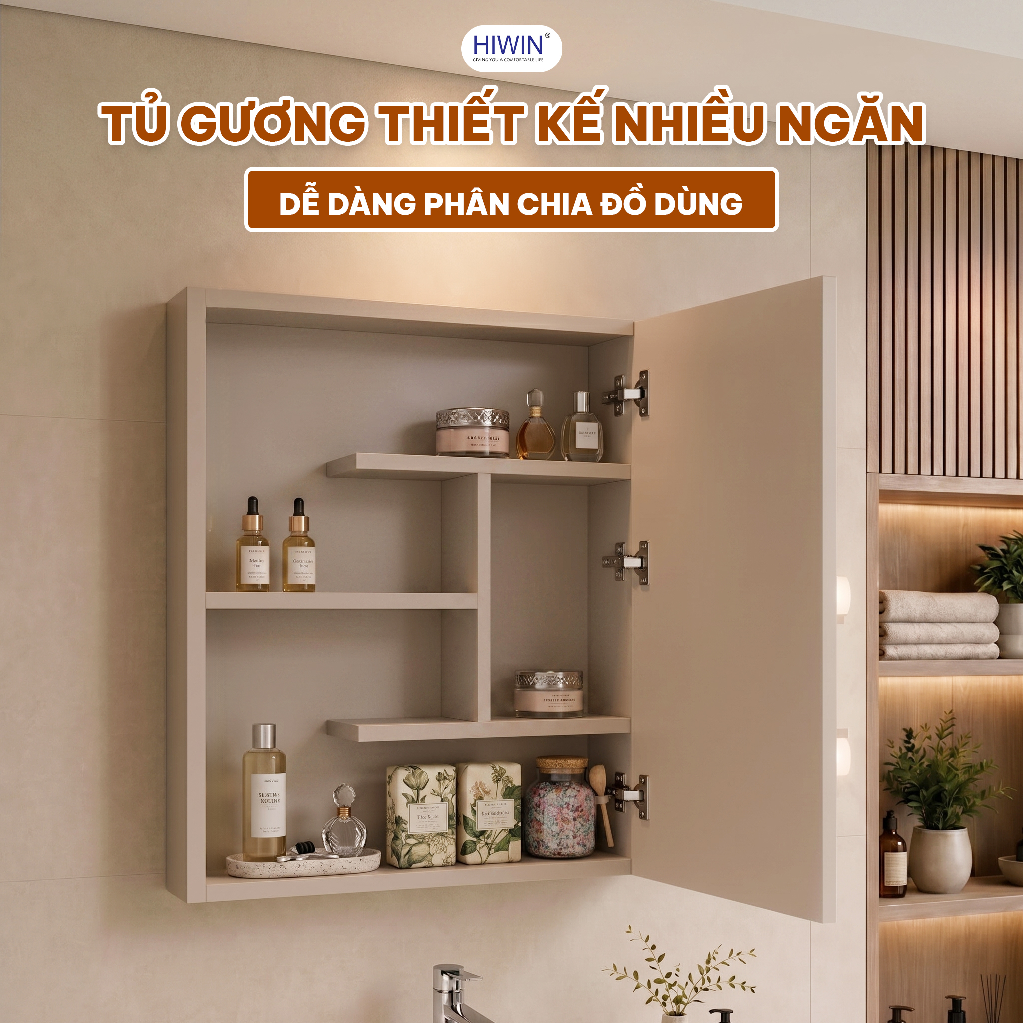 Tủ gương Hiwin YP-1495 một cánh mở có nhiều ngăn để đồ tiện lợi