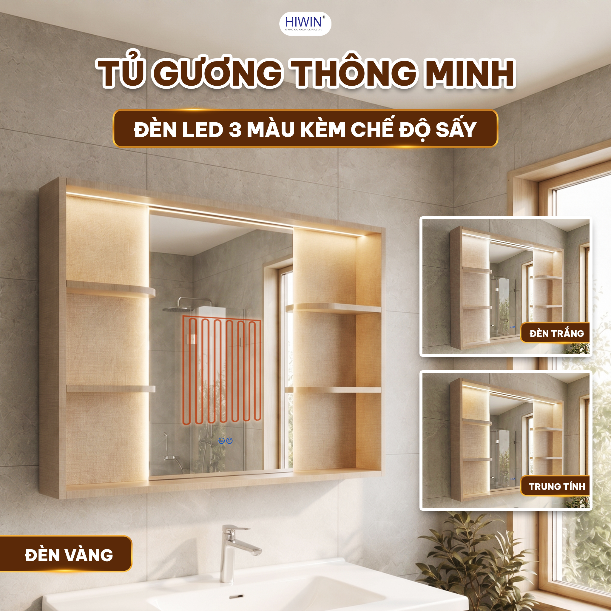 Tủ gương thông minh Hiwin YS-2646 LED 3 màu kèm chế độ sấy tiện dụng