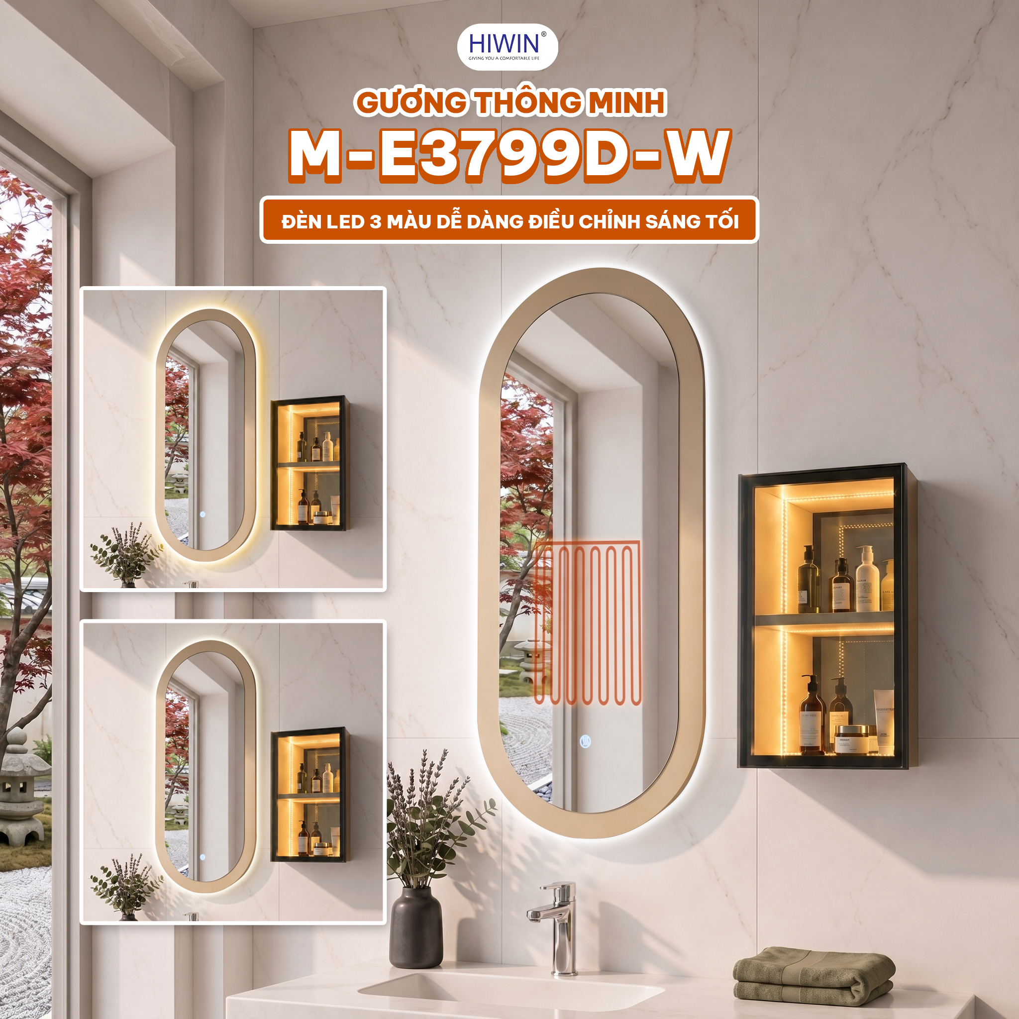 Gương thông minh M-E3799D-W kết hợp bộ tủ chậu Hiwin YS-2648 hiện đại