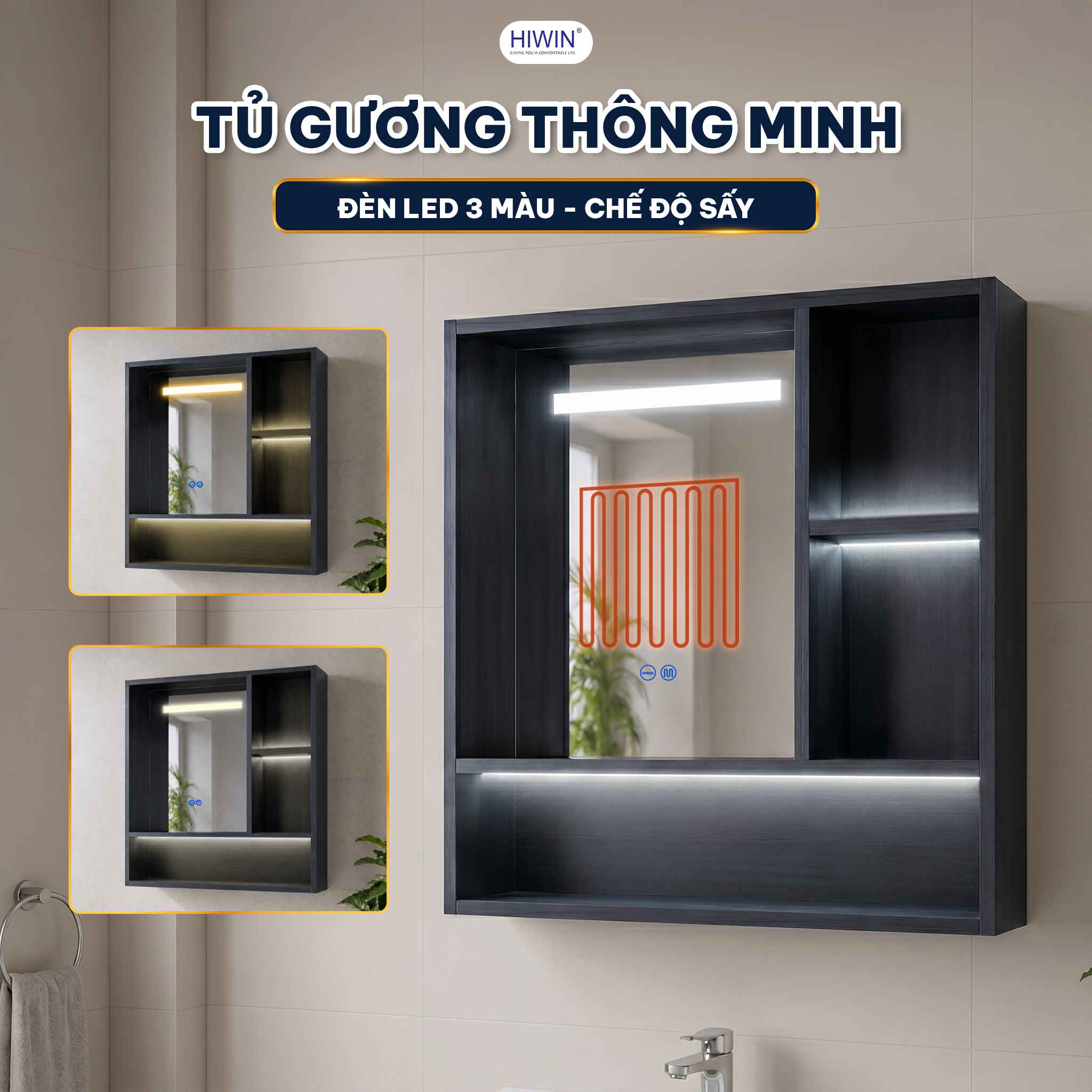 Tủ gương thông minh Hiwin YS-2647 LED 3 màu kèm chế độ sấy tiện dụng
