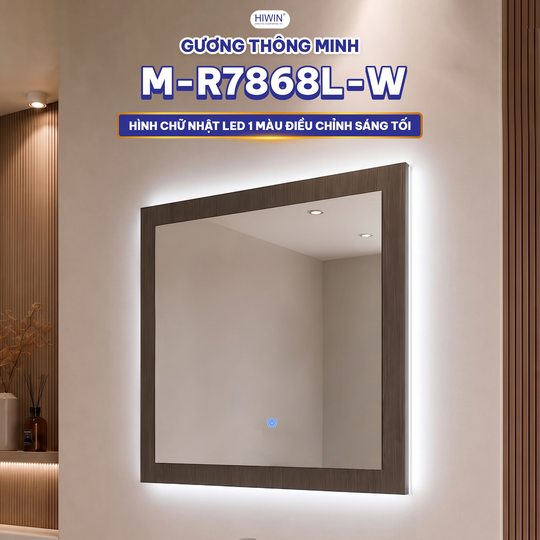Gương thông minh Hiwin M-R7868L-W hình chữ nhật LED 1 màu
