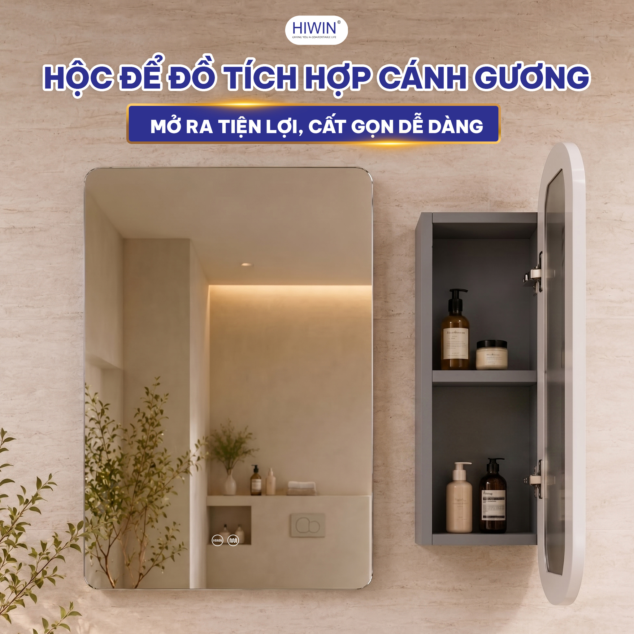 Tủ gương Hiwin YP-1497 tích hợp hộc để đồ có cánh gương mở tiện lợi