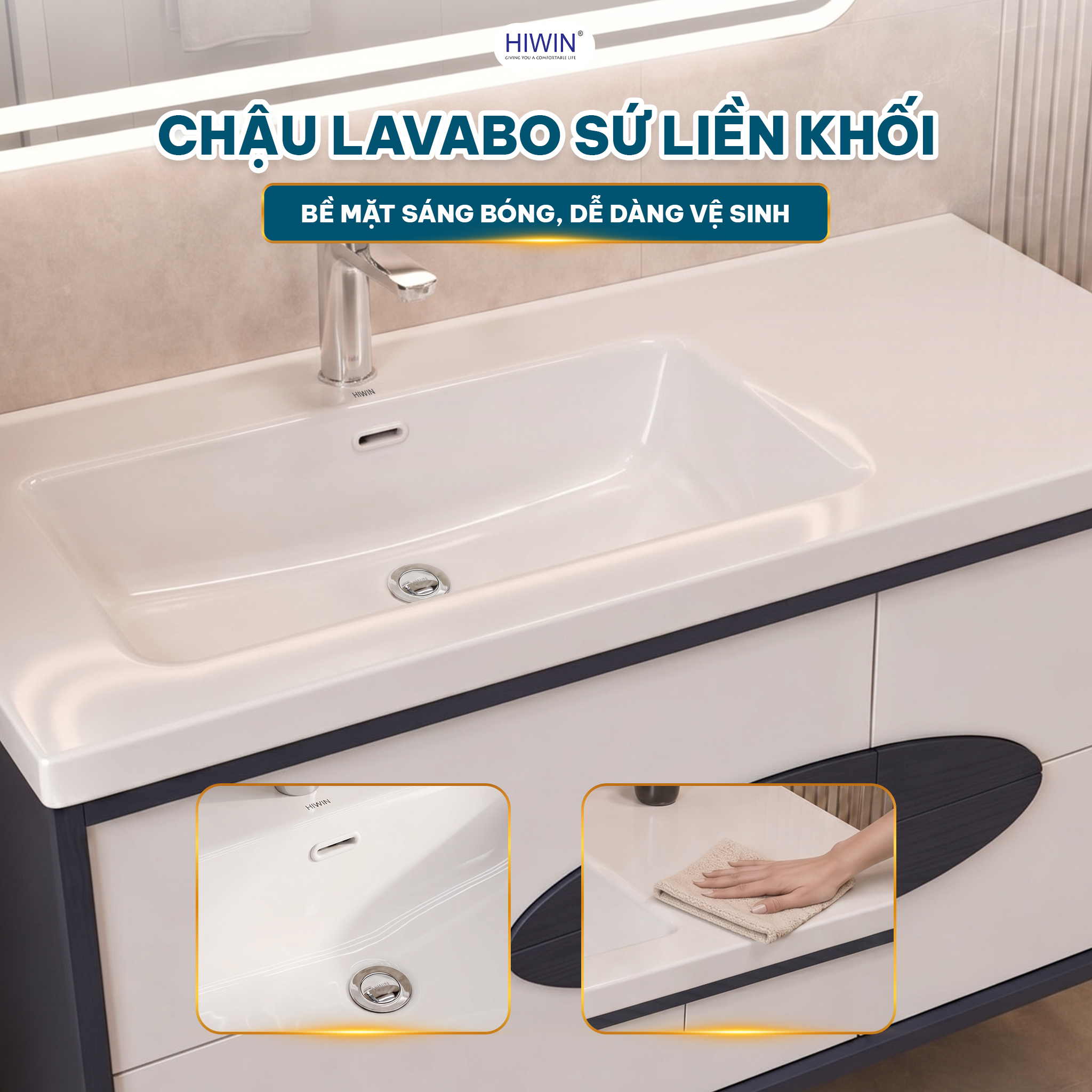 Chậu lavabo sứ liền khối Hiwin YP-1499 chất liệu cao cấp