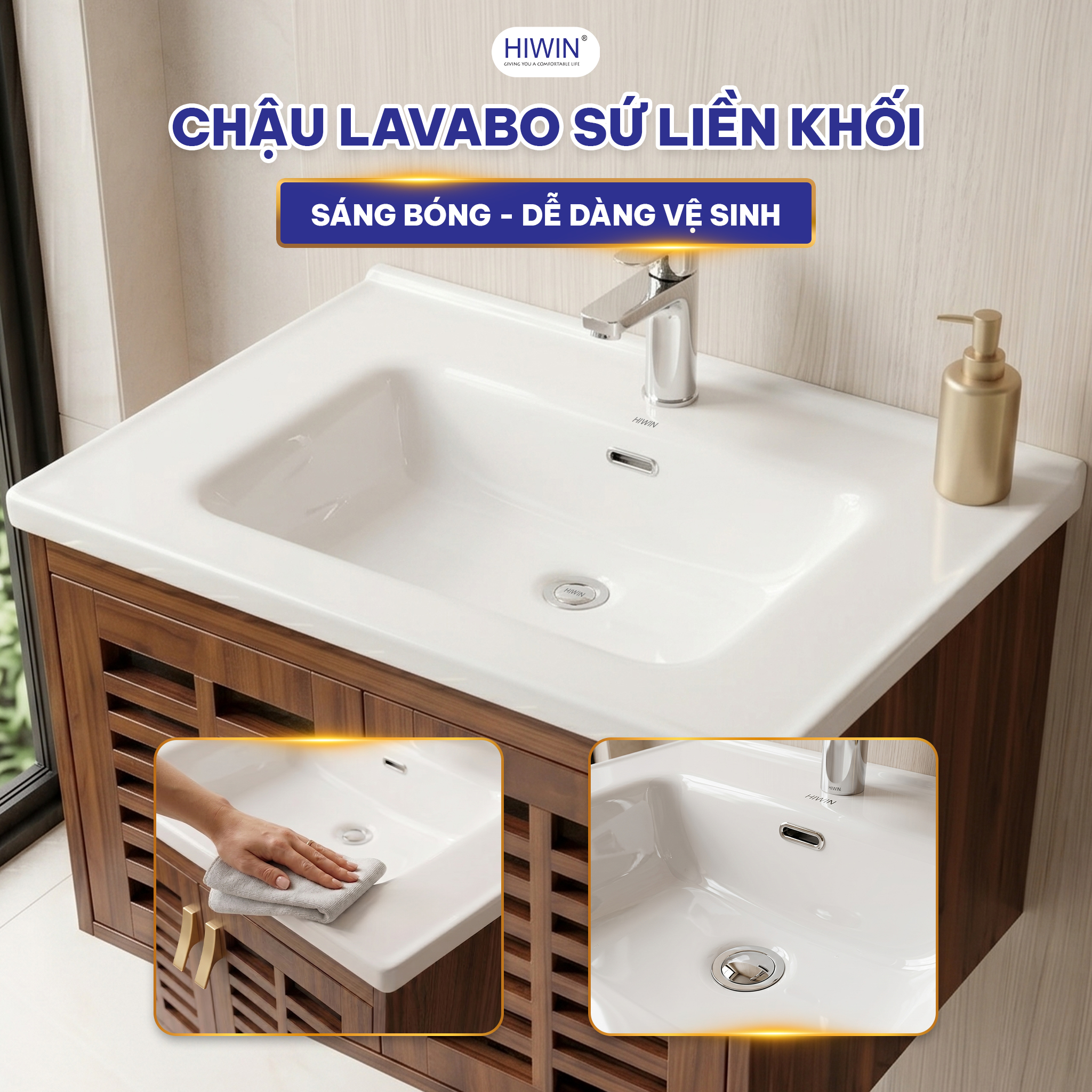 Chậu lavabo sứ liền khối Hiwin YP-1500 chất liệu sứ bền đẹp, đồng bộ với tủ vân gỗ