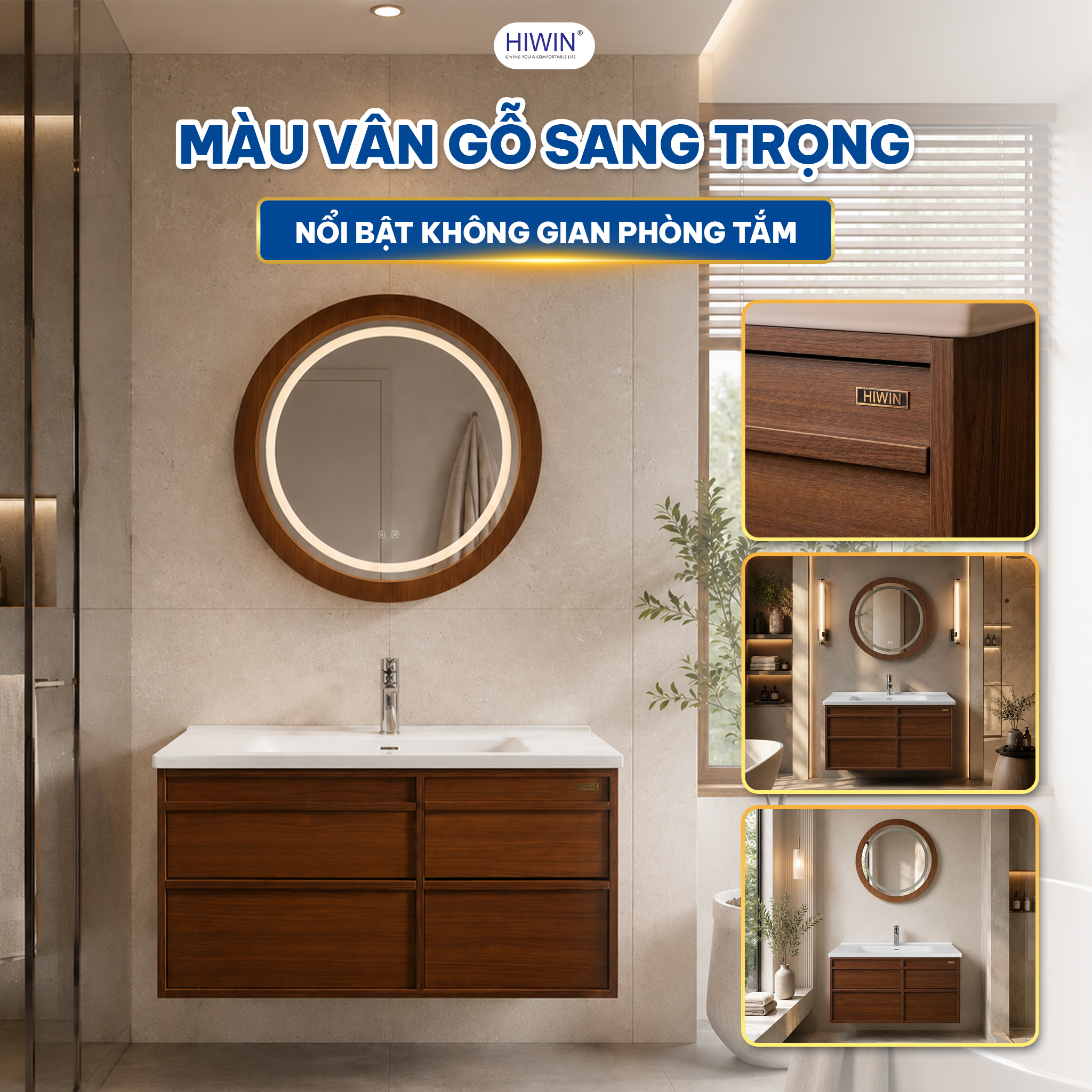 Bộ tủ chậu Hiwin YS-2645 màu vân gỗ đậm tạo điểm nhấn sang trọng