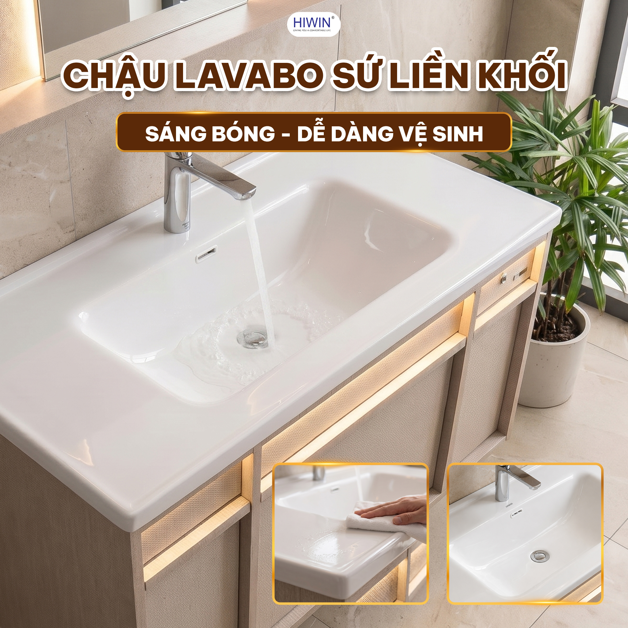 Chậu lavabo sứ liền khối Hiwin YS-2646 chất liệu sứ cao cấp
