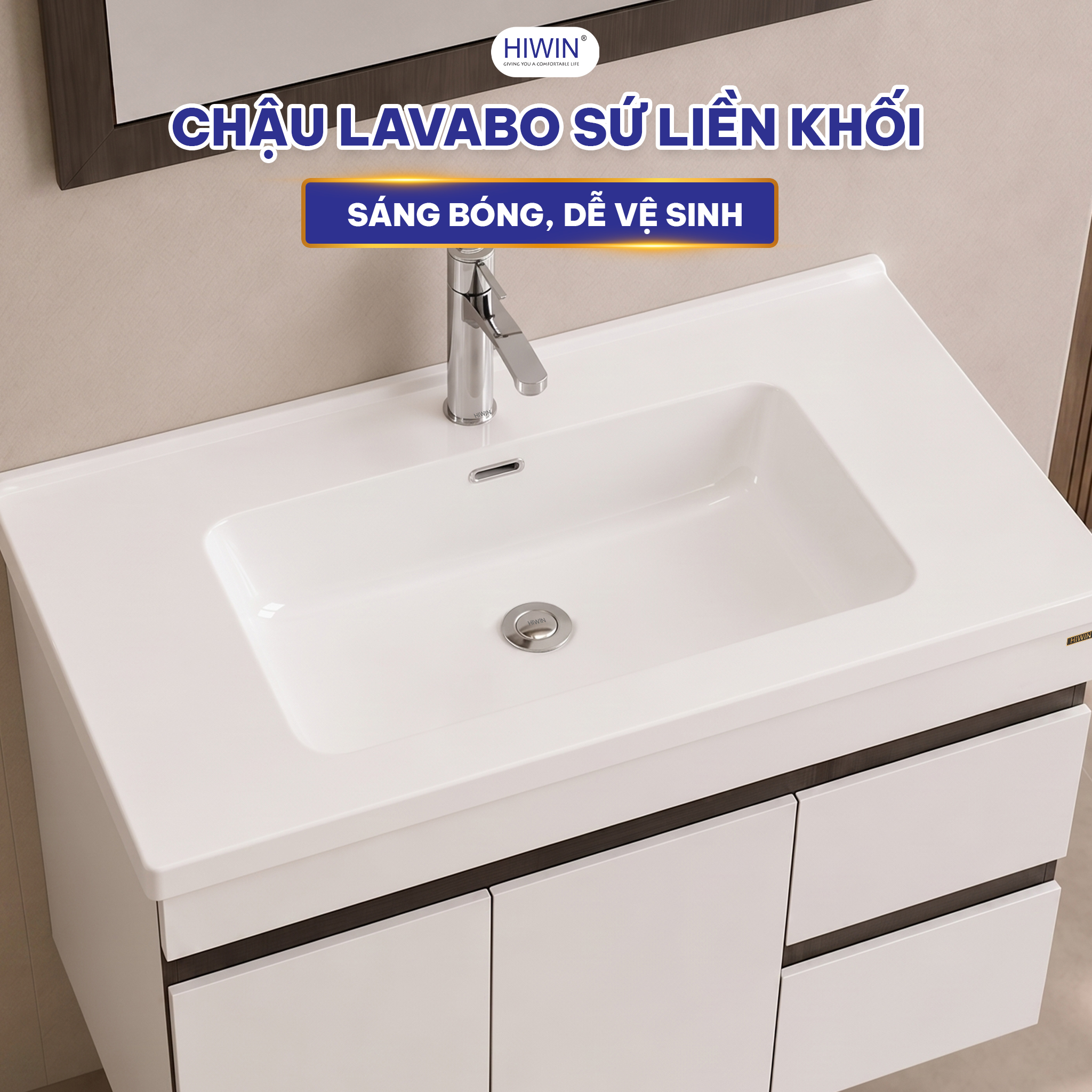 Chậu lavabo sứ liền khối Hiwin YP-1493 sáng bóng dễ vệ sinh