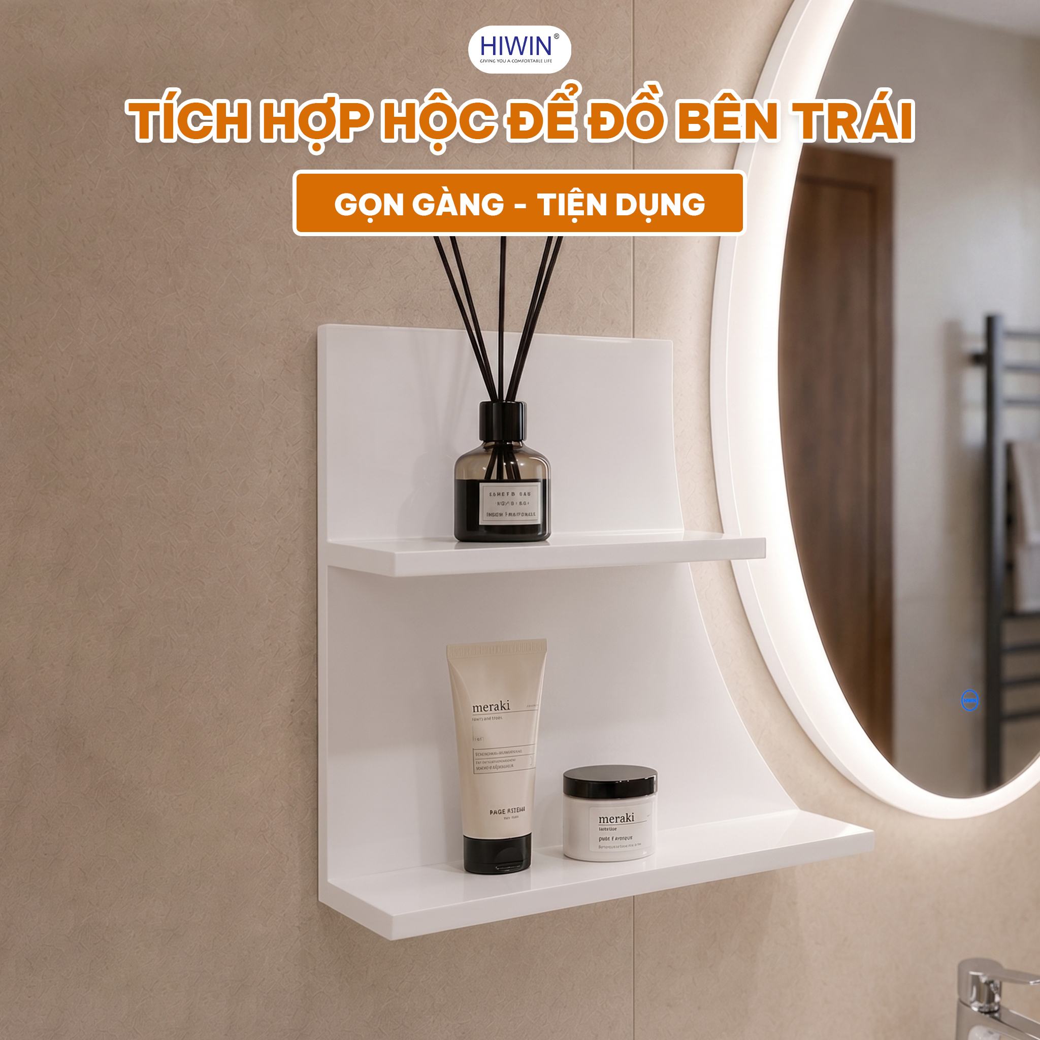 Gương oval Hiwin YP-1494 kết hợp hộc để đồ bên trái gọn gàng tiện dụng