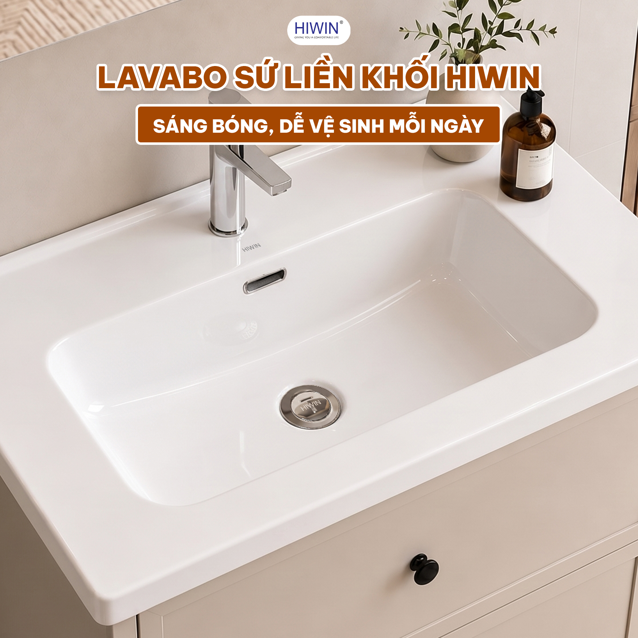 Chậu lavabo sứ liền khối Hiwin YP-1495 sáng bóng dễ vệ sinh