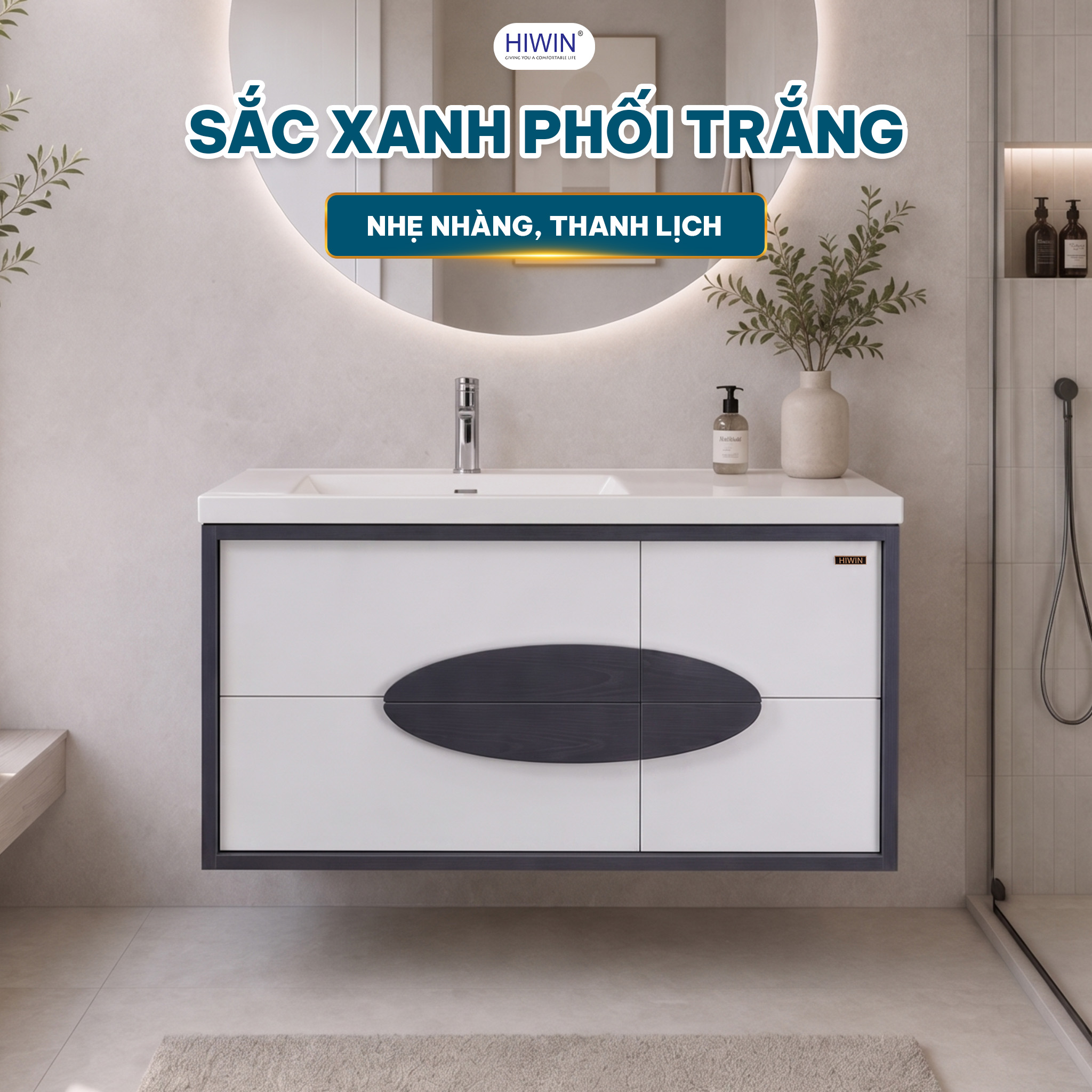 Bộ tủ chậu Hiwin YP-1499 màu xanh phối trắng nhẹ nhàng thanh lịch