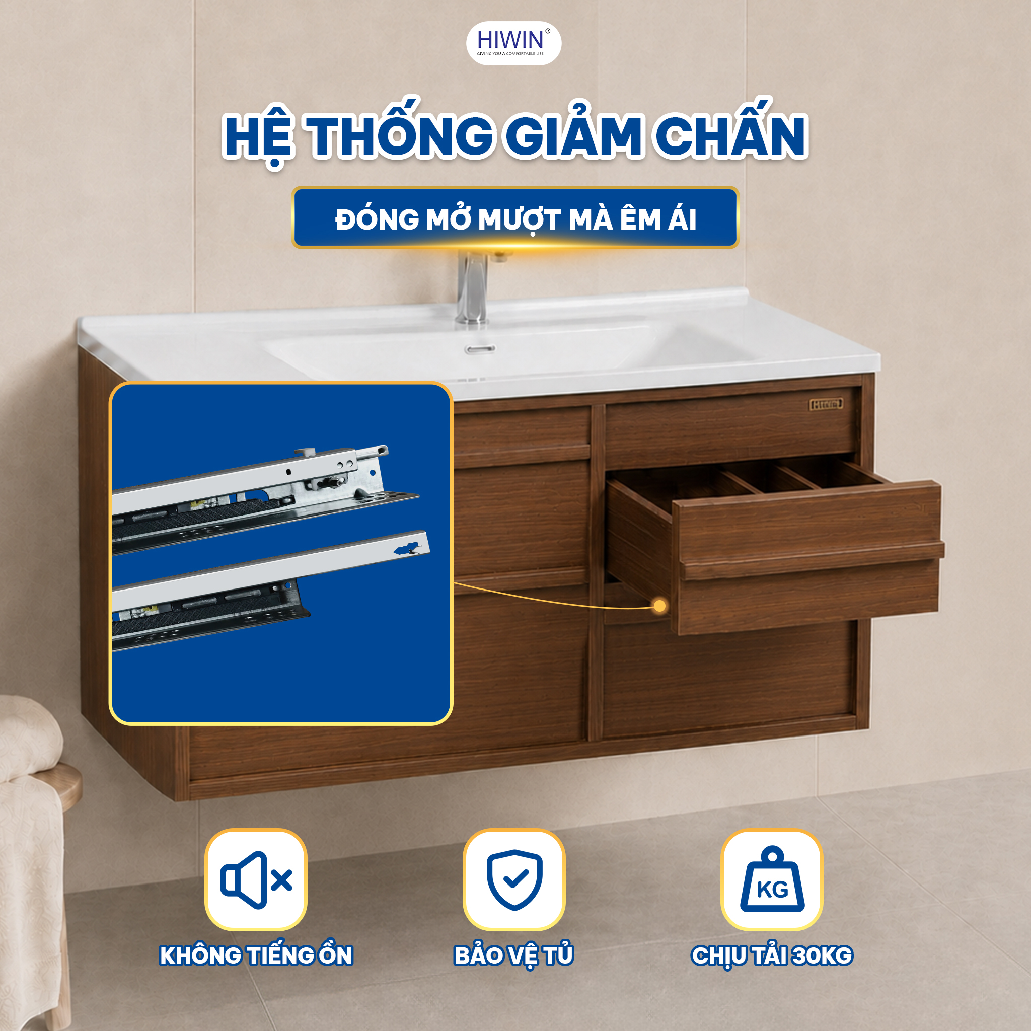 Hệ thống giảm chấn tủ chậu Hiwin YS-2645 hỗ trợ ngăn kéo đóng mở êm ái