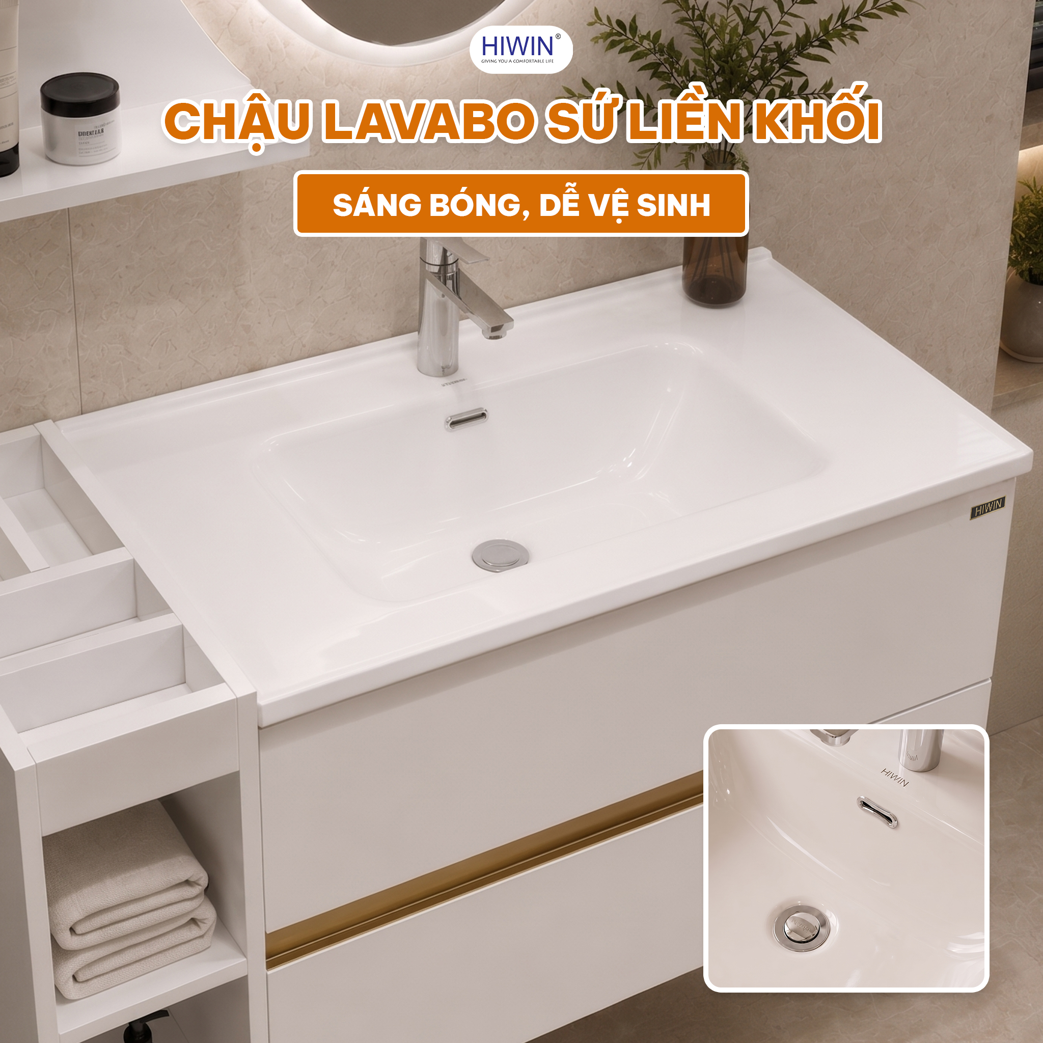 Chậu lavabo sứ liền khối Hiwin YP-1494 sáng bóng dễ vệ sinh
