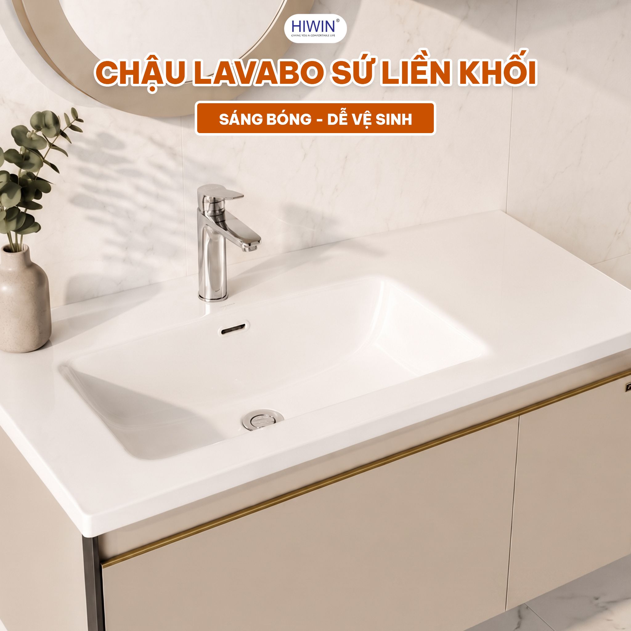 Chậu lavabo sứ liền khối Hiwin YS-2648 chất liệu sứ trắng đồng bộ với tủ be sáng