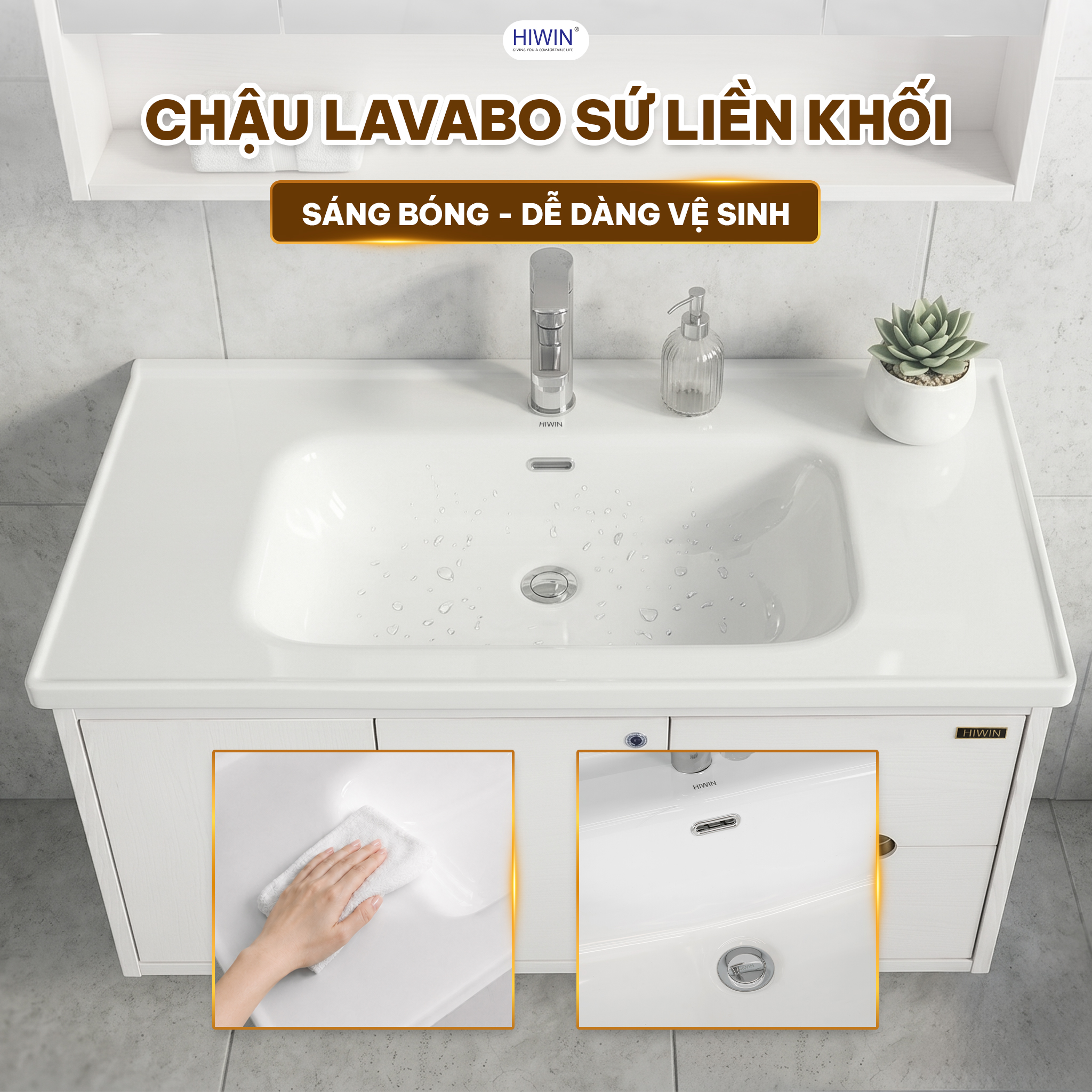 Lavabo full sứ của YS-2649 tạo sự liền mạch cho tổng thể bộ tủ màu trắng