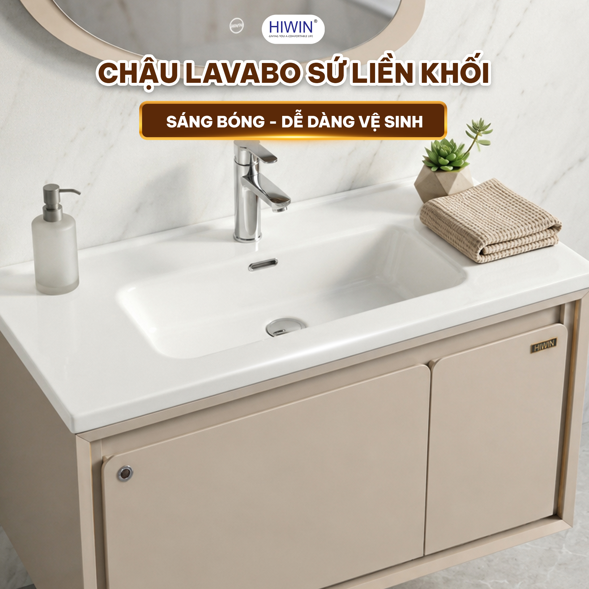 Lavabo full sứ Hiwin YS-2652 cân đối với tủ màu be và thiết kế bo cong