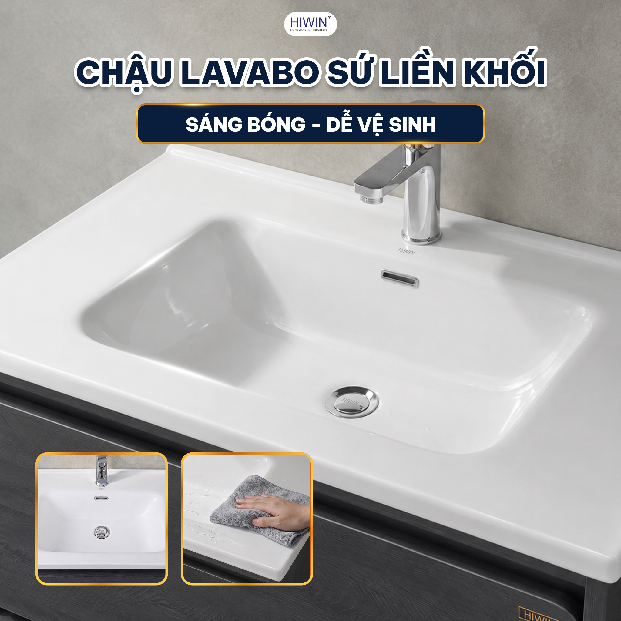 Chậu lavabo sứ liền khối Hiwin YS-2647 chất liệu sứ trắng đồng bộ với tủ vân gỗ xanh