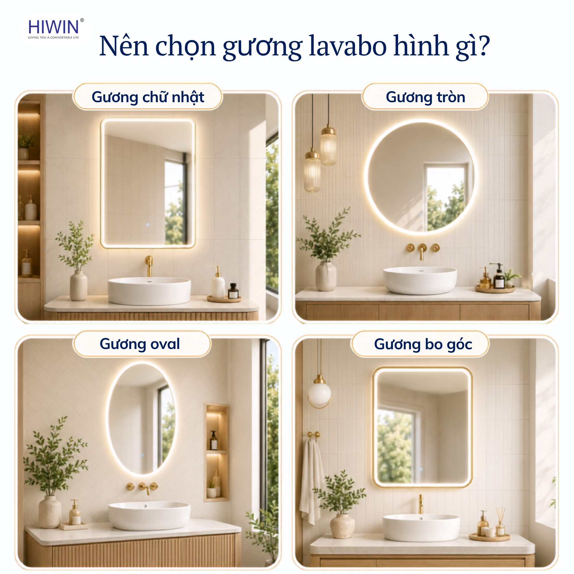 Các kiểu dáng gương lavabo phổ biến gồm chữ nhật tròn oval và bo góc