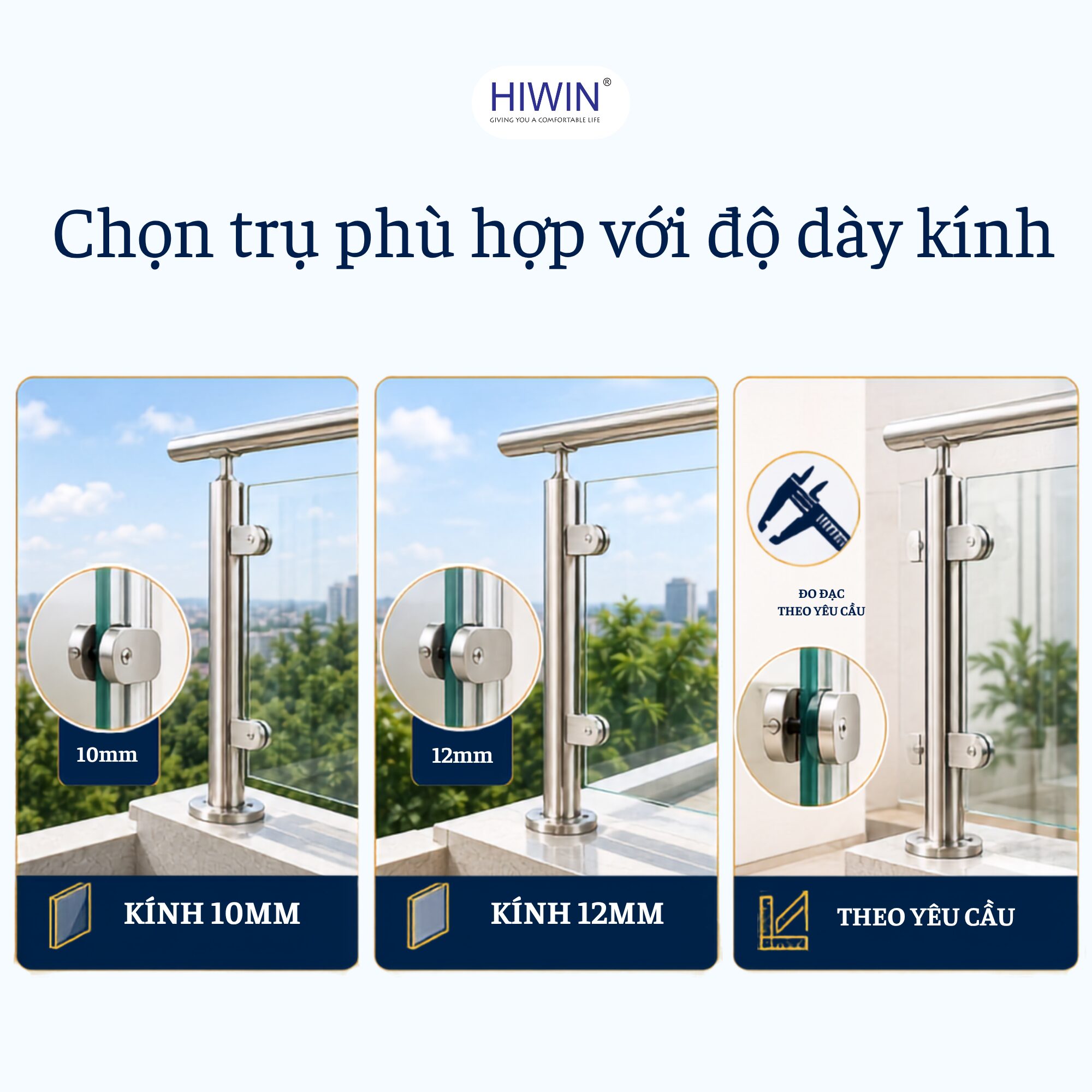Trụ lan can kính phù hợp với kính cường lực 10mm và 12mm