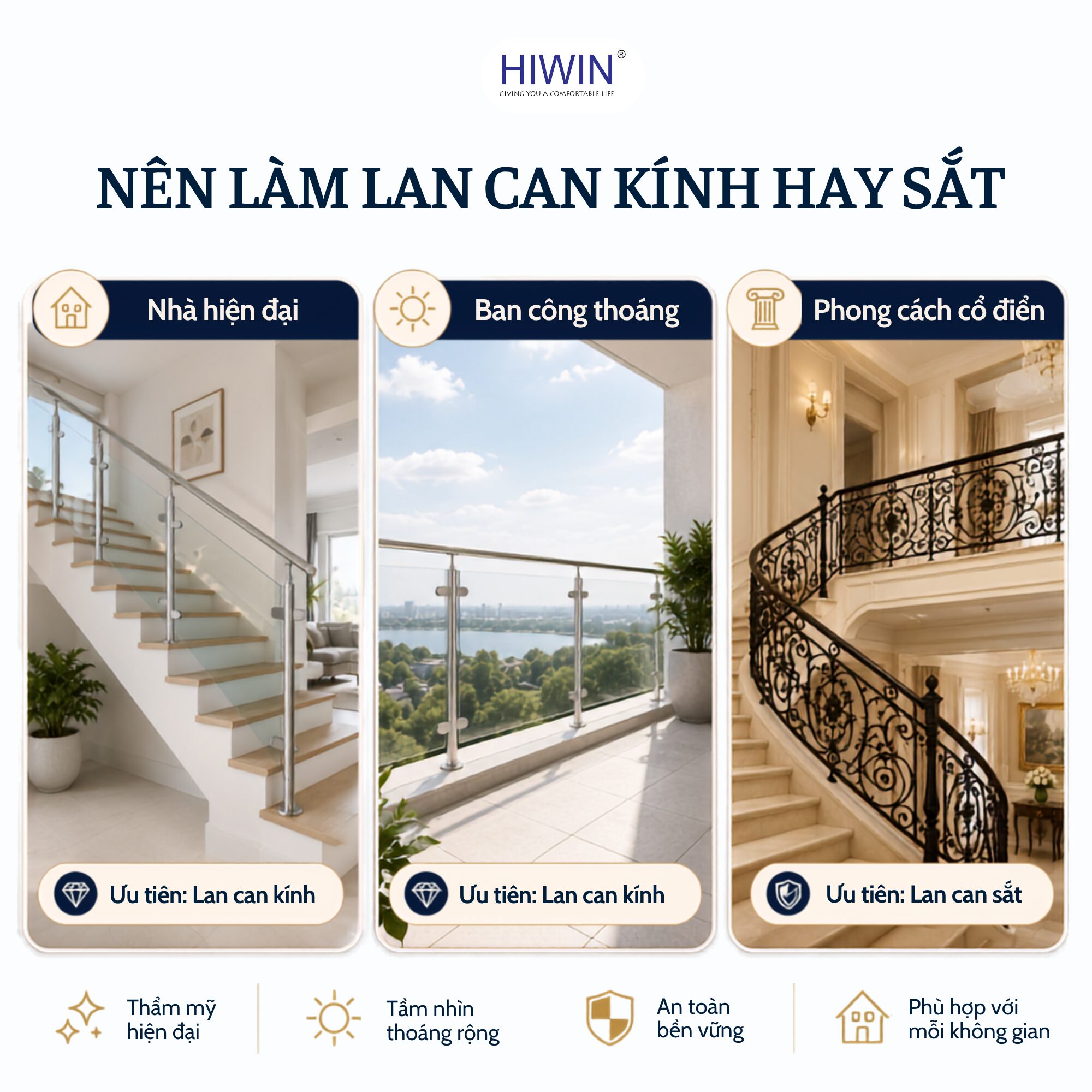 Gợi ý chọn lan can kính hoặc lan can sắt phù hợp với từng không gian nhà ở