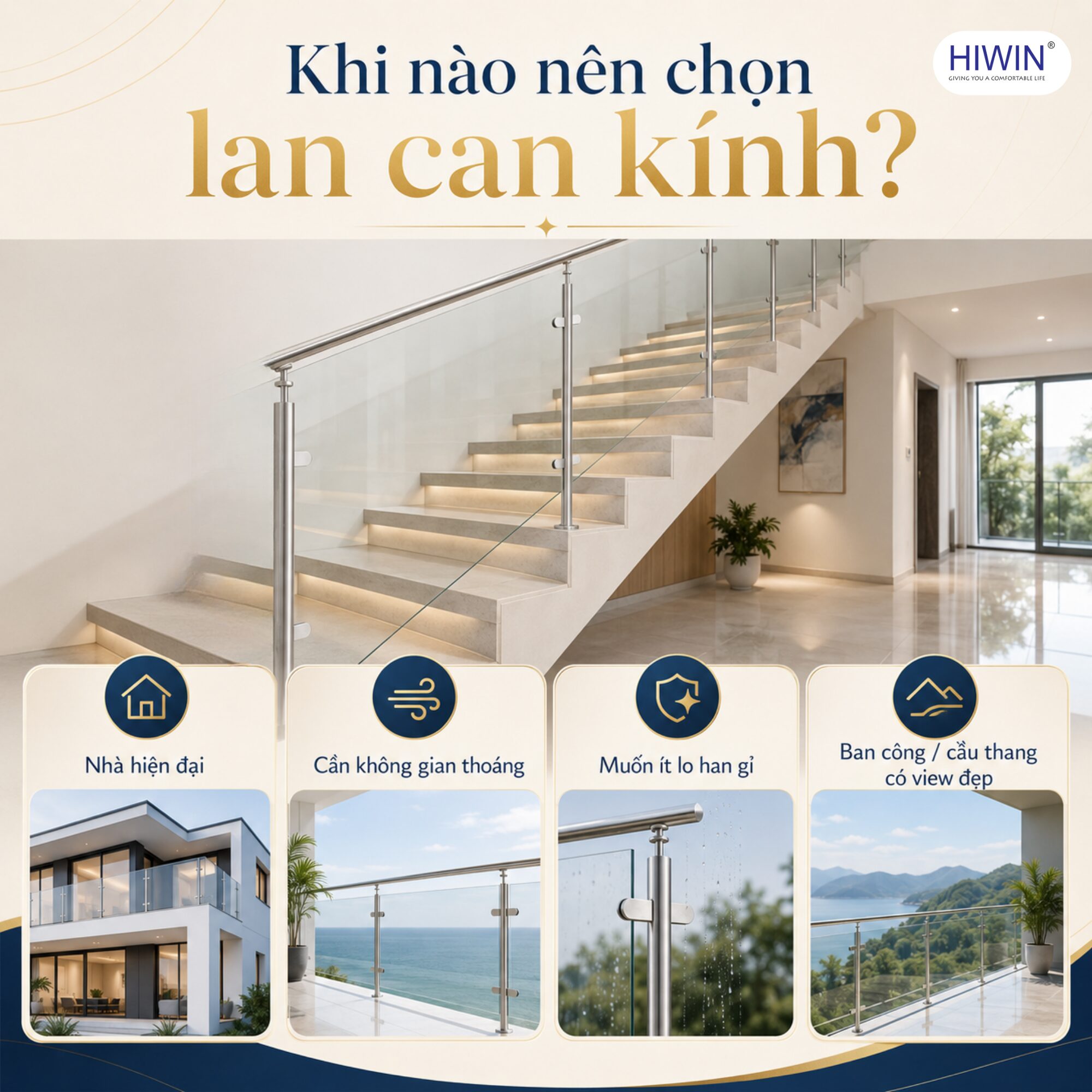 Lan can kính giúp không gian nhà ở hiện đại thông thoáng và sang trọng hơn
