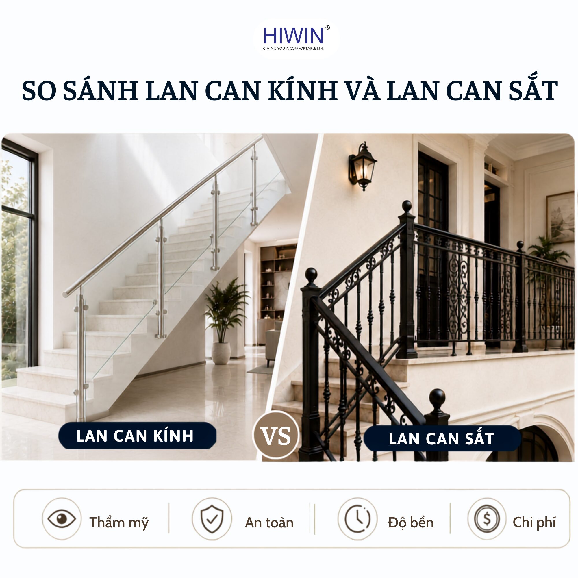So sánh lan can kính và lan can sắt về thẩm mỹ độ bền và chi phí