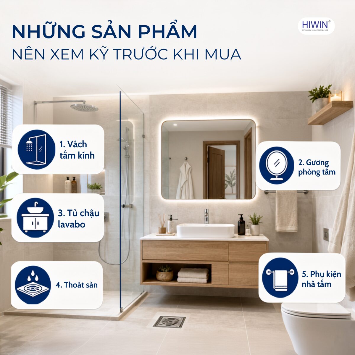Các thiết bị phòng tắm cần xem kỹ trước khi mua gồm vách kính, gương, tủ lavabo, thoát sàn và phụ kiện