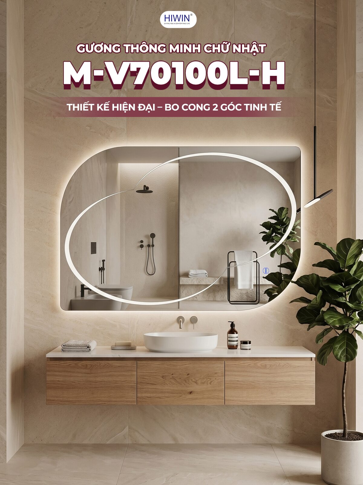 Gương thông minh chữ nhật M-V70100L-H thiết kế bo cong 2 góc tinh tế cho phòng tắm hiện đại