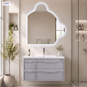 Bộ tủ chậu Hiwin YP-1498 màu xám sáng kết hợp gương gấu siêu yêu