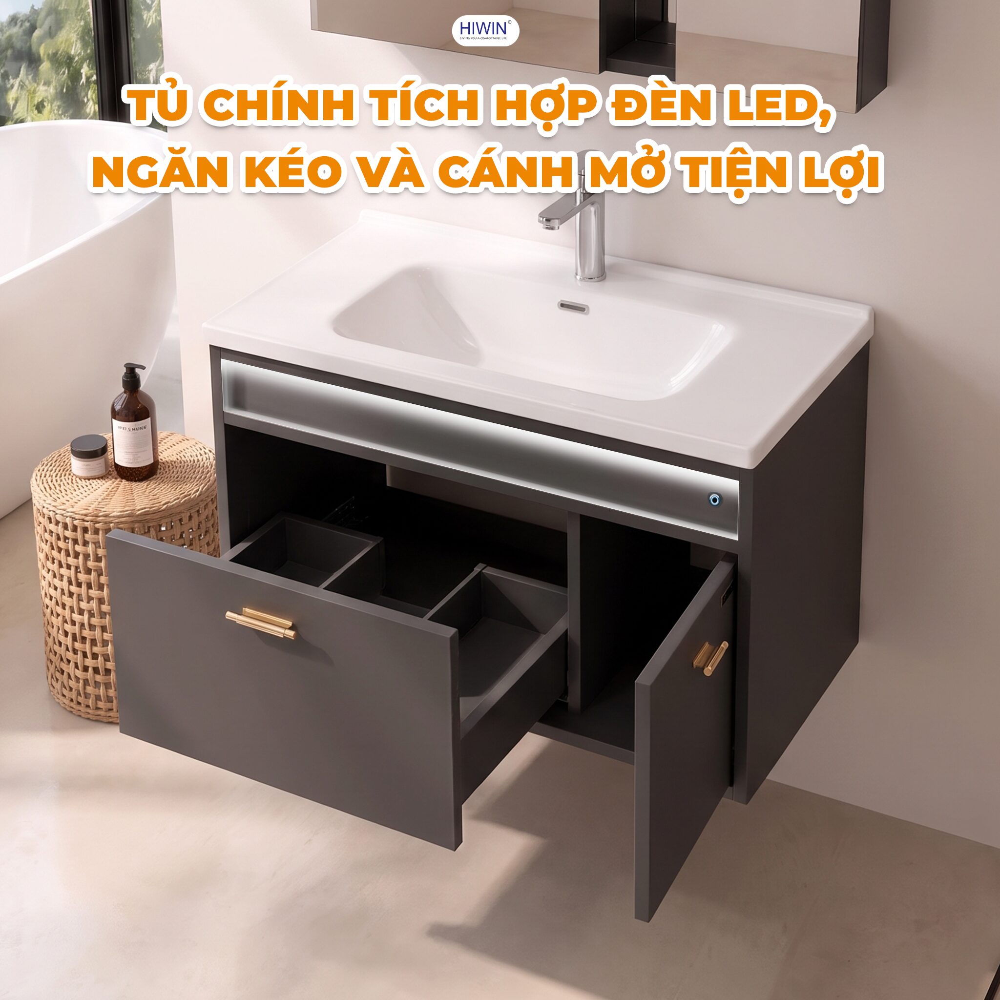 Tủ chính tích hợp đèn LED, thiết kế ngăn kéo và cánh mở tiện lợi
