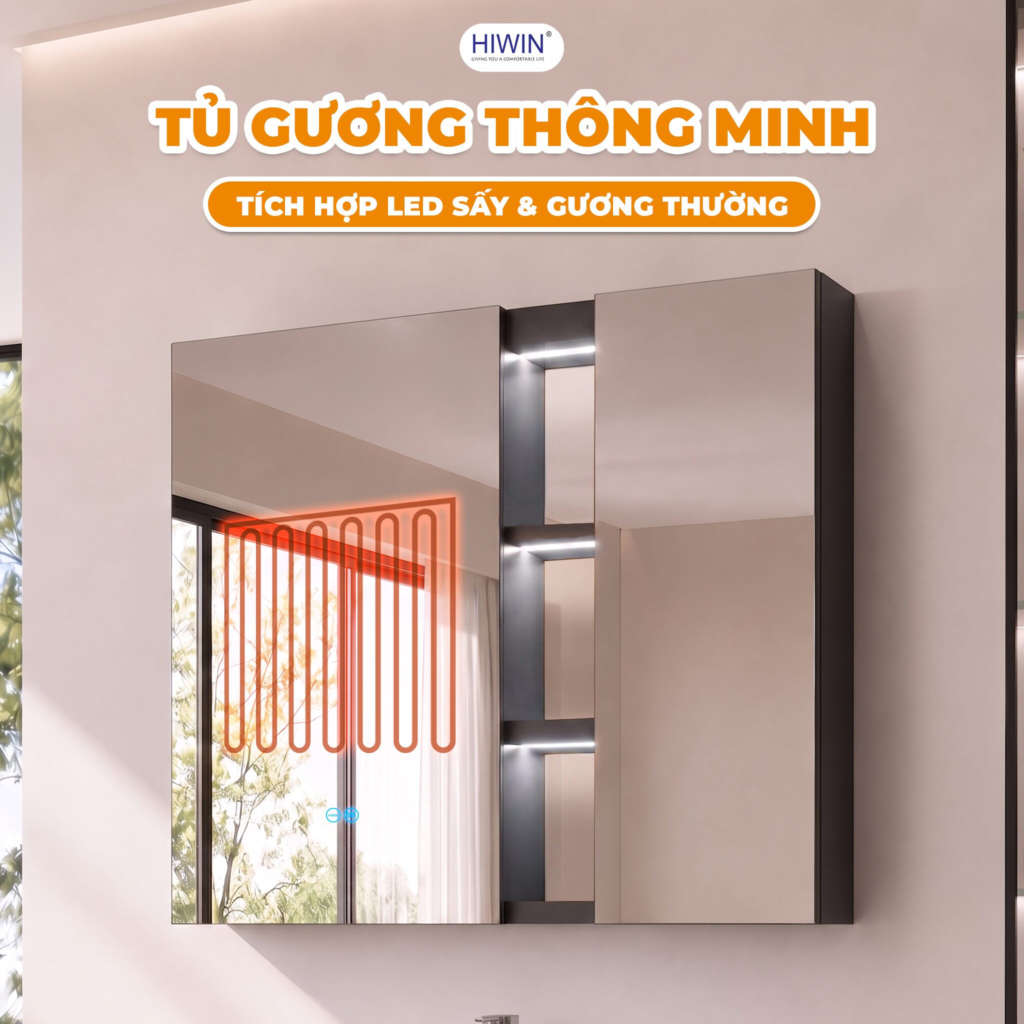Tủ gương kết hợp gương LED sấy và gương thường