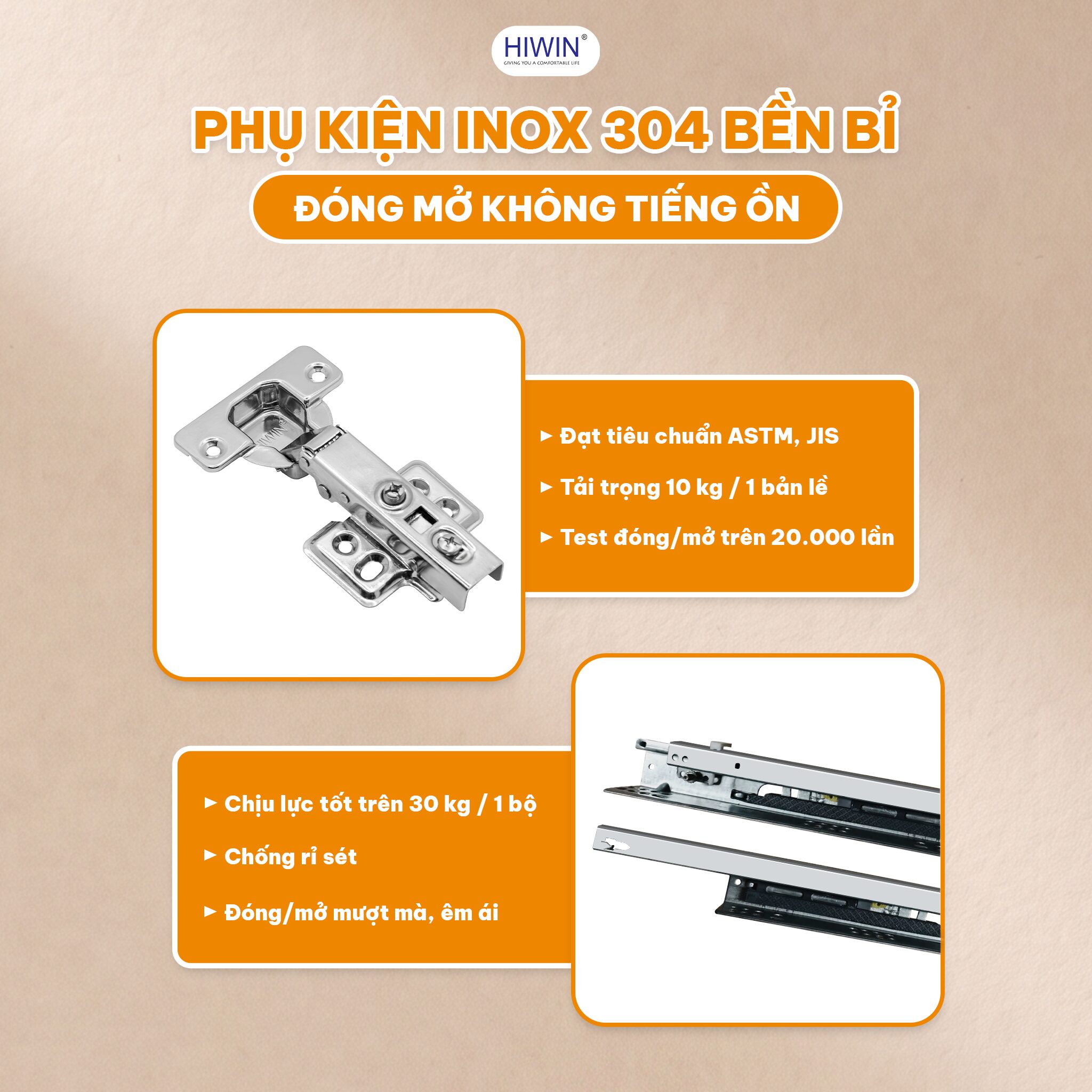 Phụ kiện inox 304 bền bỉ, đóng mở không tiếng ồn