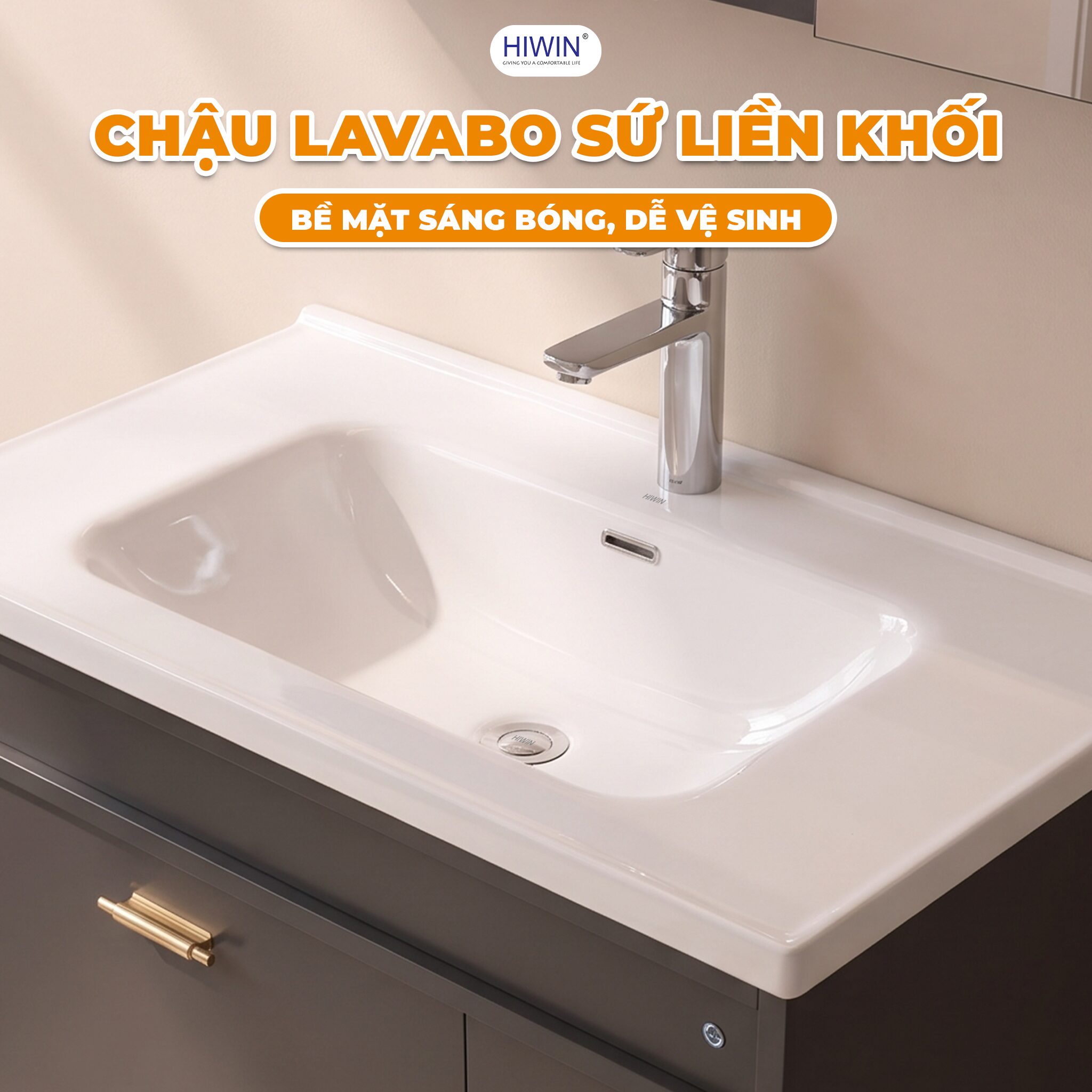 Chậu lavabo sứ liền khối Hiwin sáng bóng, dễ vệ sinh
